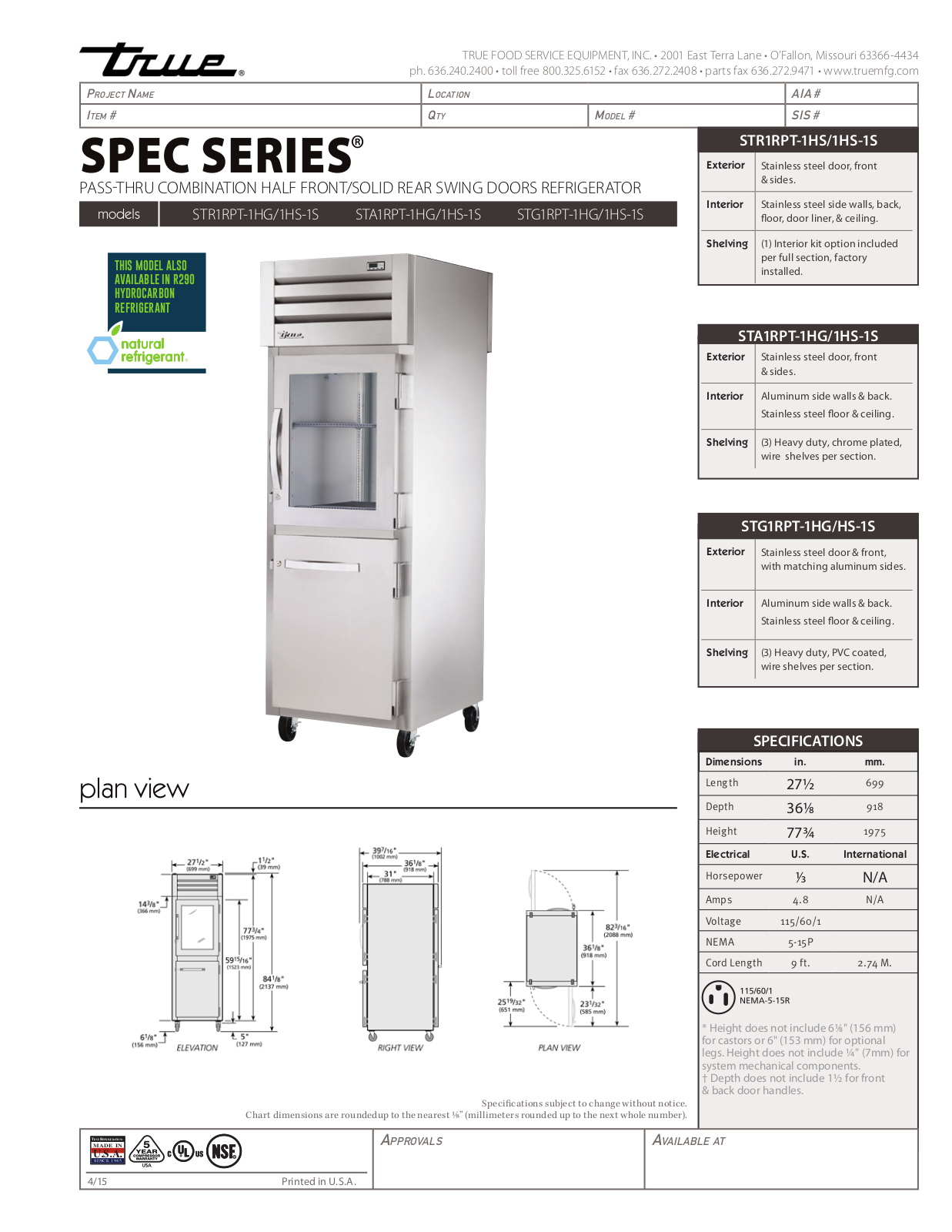 True STA1RPT-1HG-1HS-1S User Manual