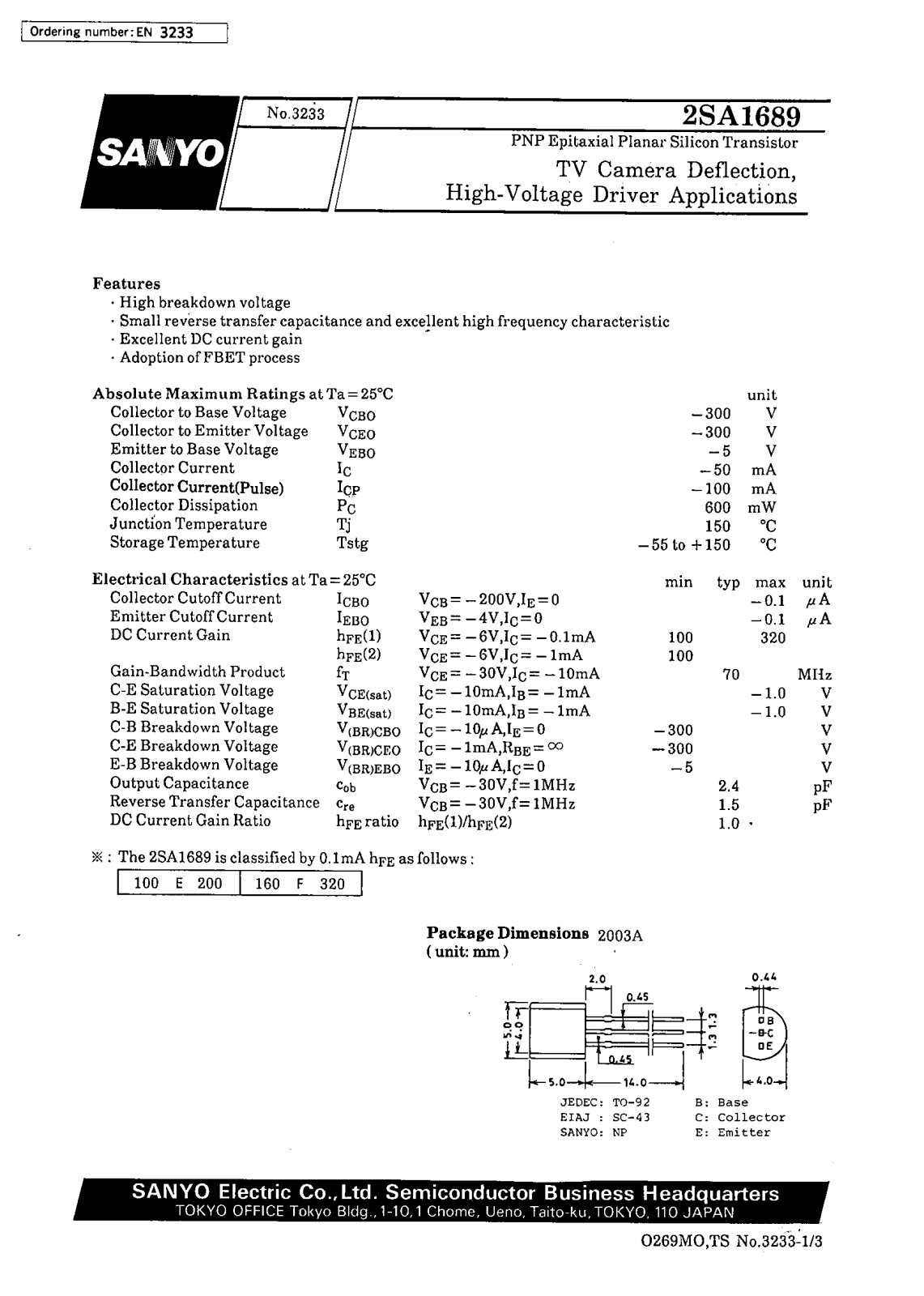 SANYO 2SA1689 Datasheet