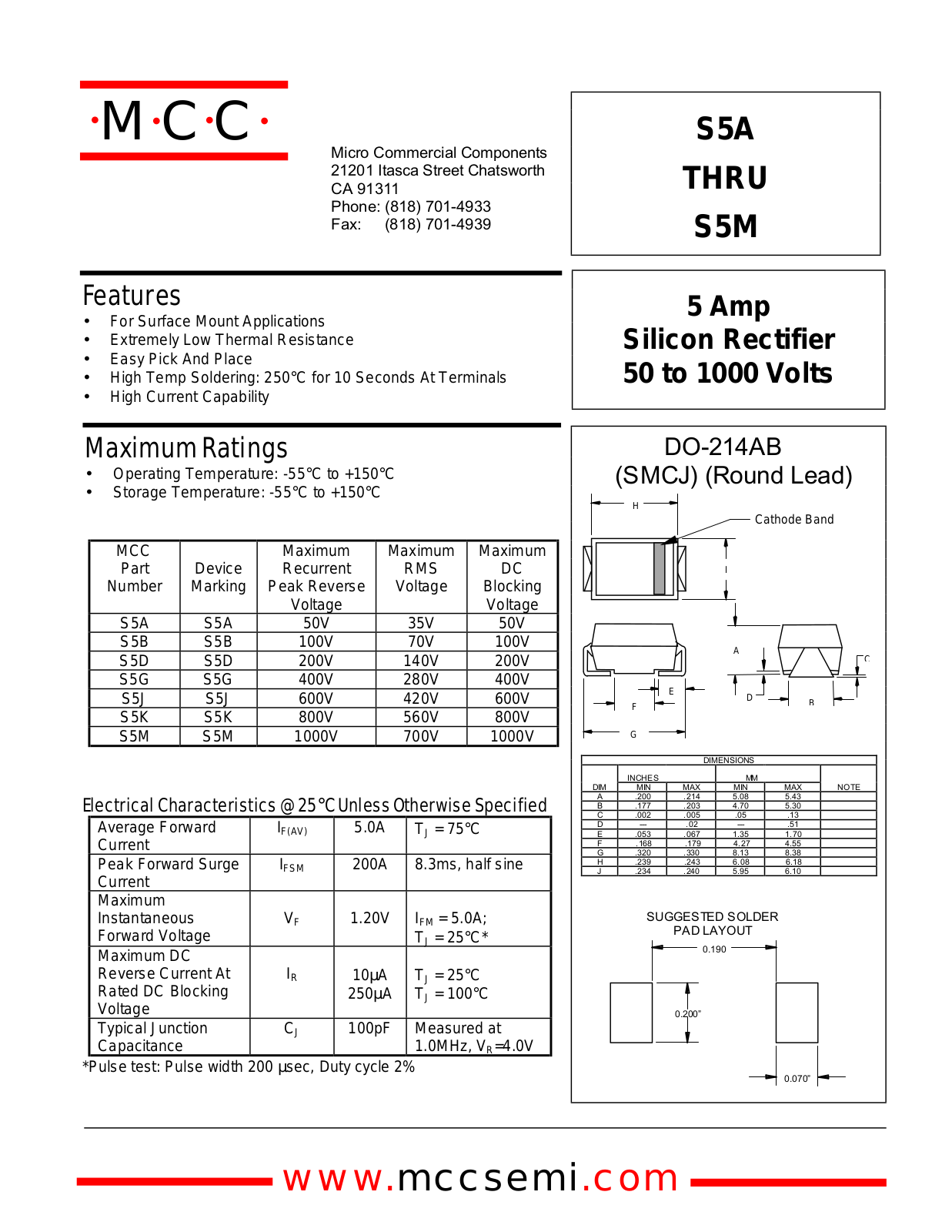 MCC S5B, S5D, S5J, S5K, S5M Datasheet