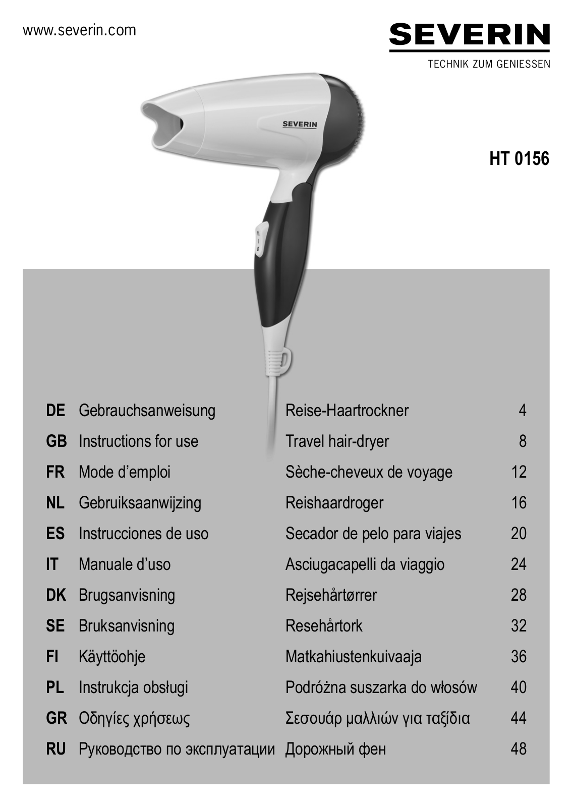 SEVERIN HT 0156 Instructions For Use Manual