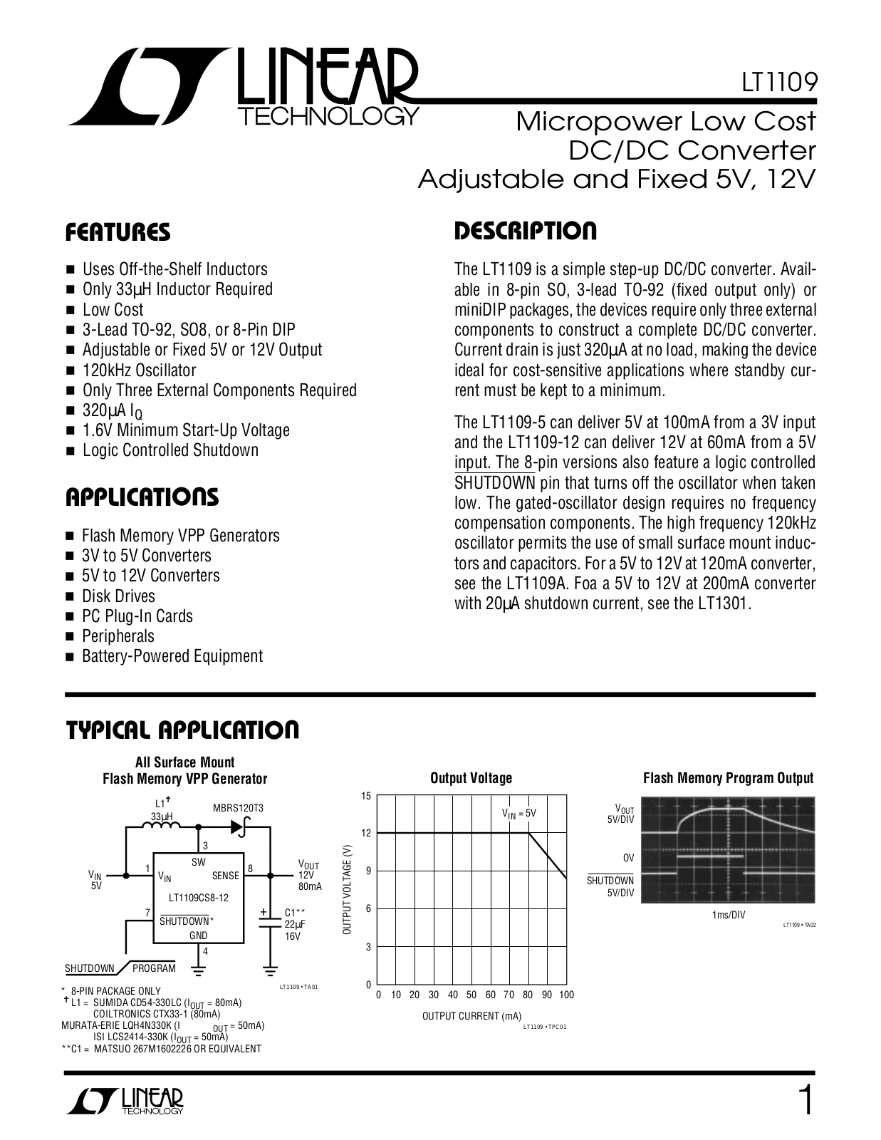 Linear Technology LT1109CS8-5, LT1109CS8-12, LT1109CN8-12, LT1109CN8, LT1109CZ-5 Datasheet