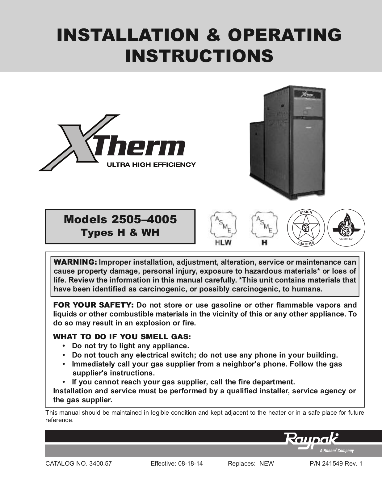 Raypak H7-2505 Installation  Manual