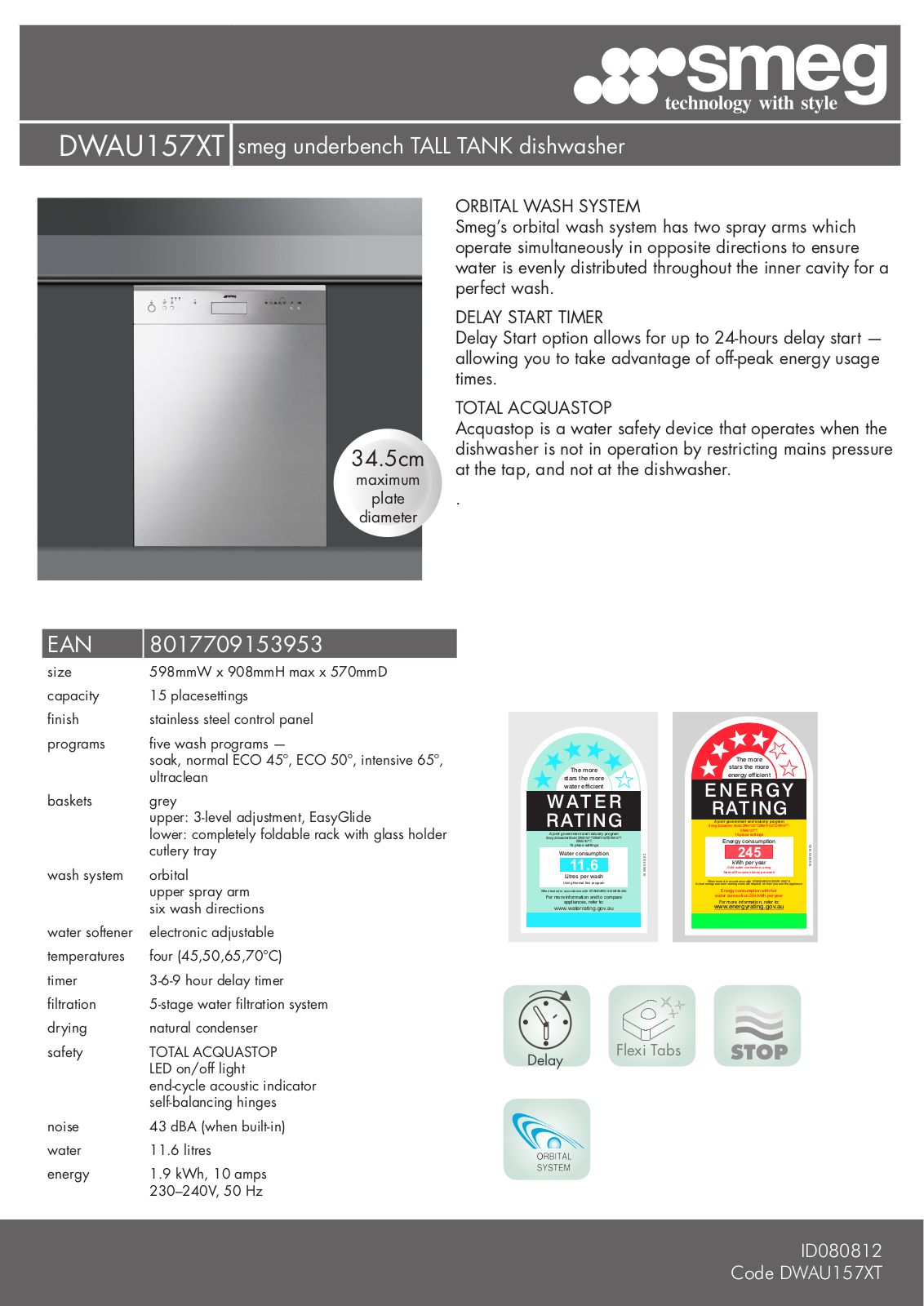 Smeg DWAU157XT Specifications Sheet