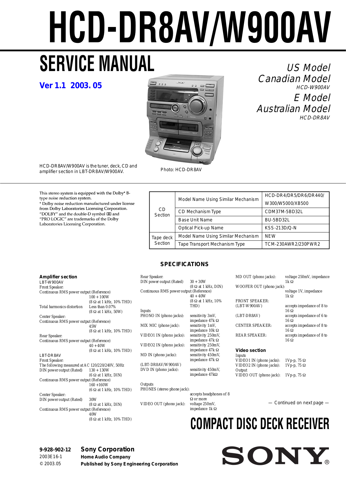 SONY HCD DR8AV, HCD W900AV Service Manual
