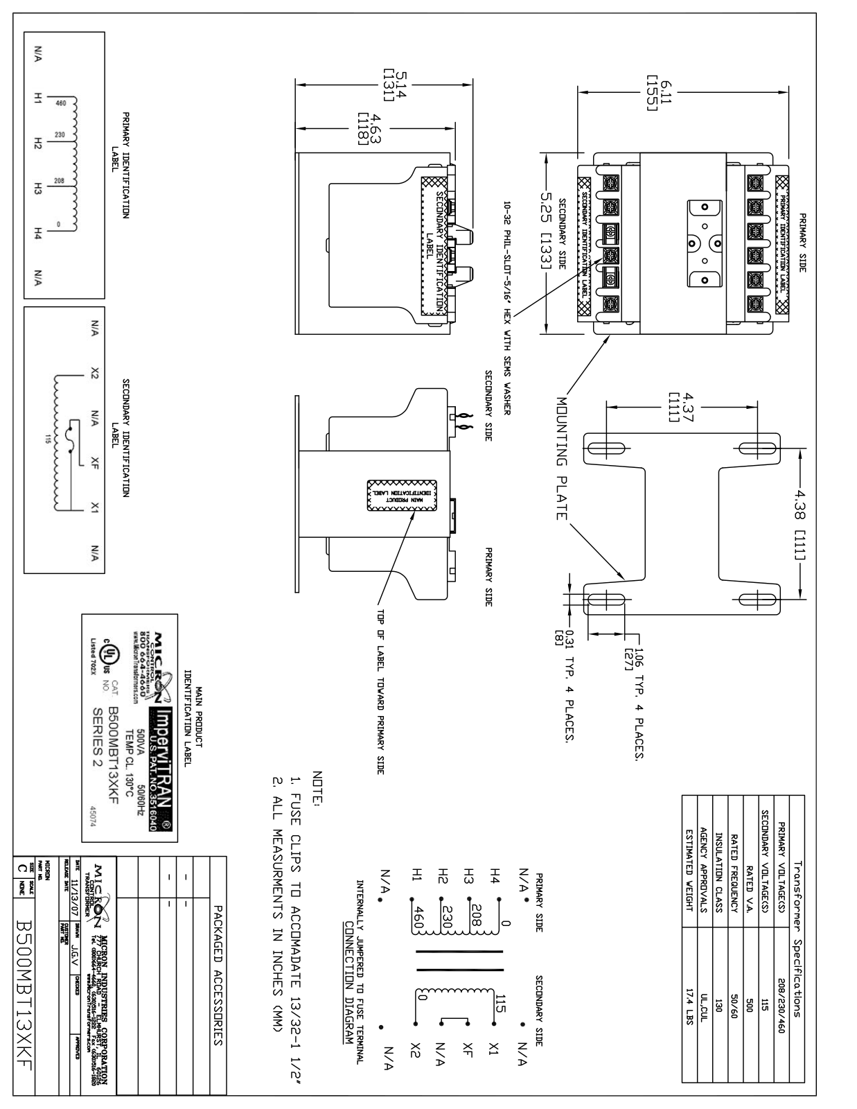 Micron Industries B500MBT13XKF Specification Sheet