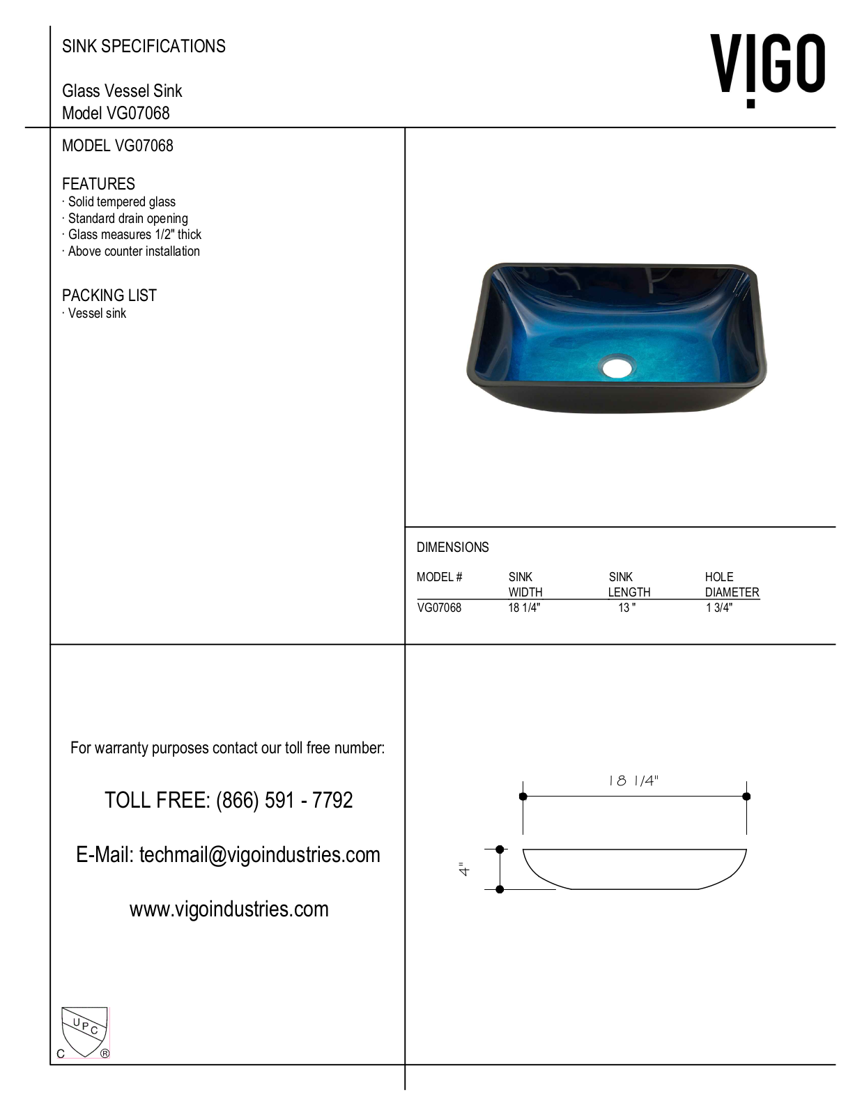 Vigo VGT1073, VGT055MBRND, VG07068, VGT1032, VGT795 Specifications