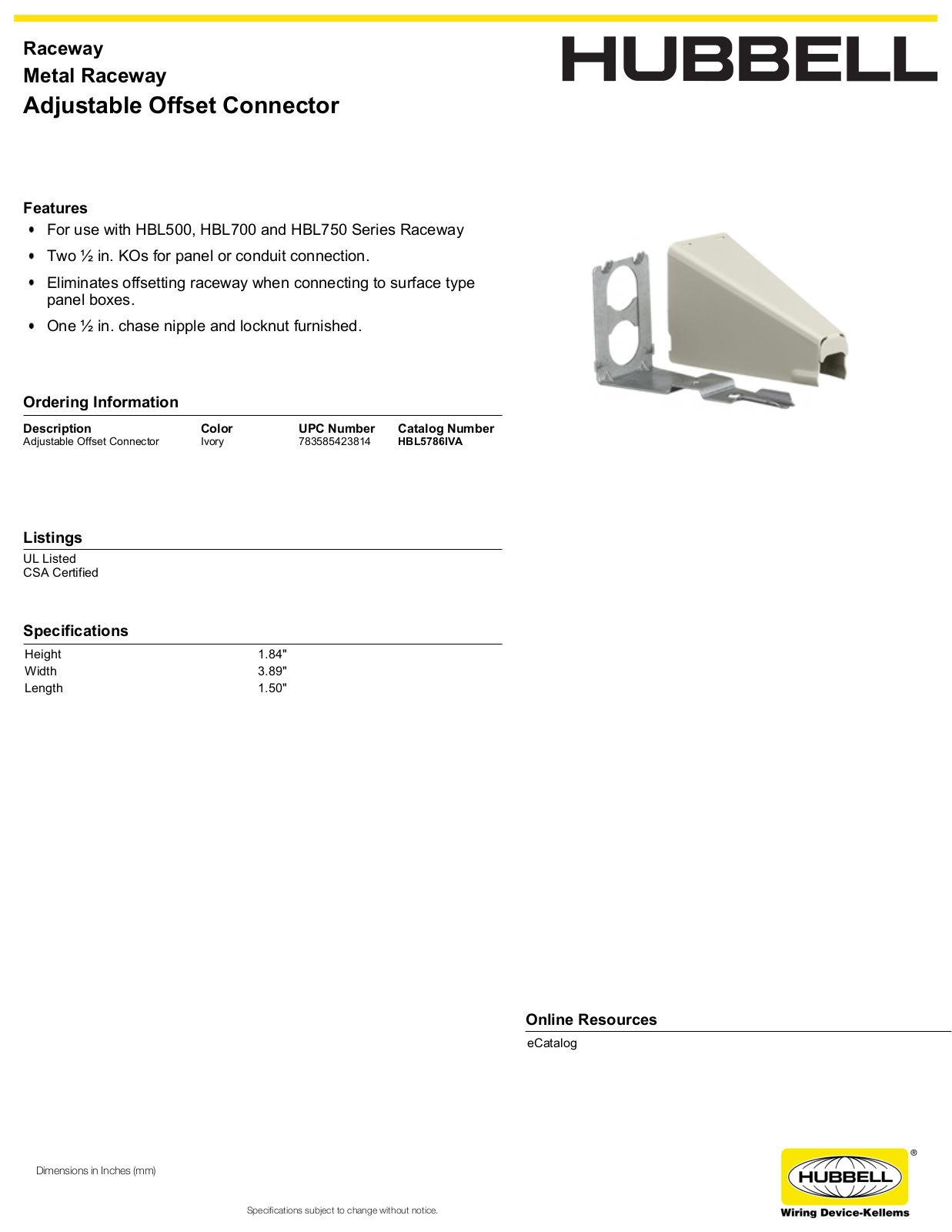 Hubbell HBL5786IVA Specifications