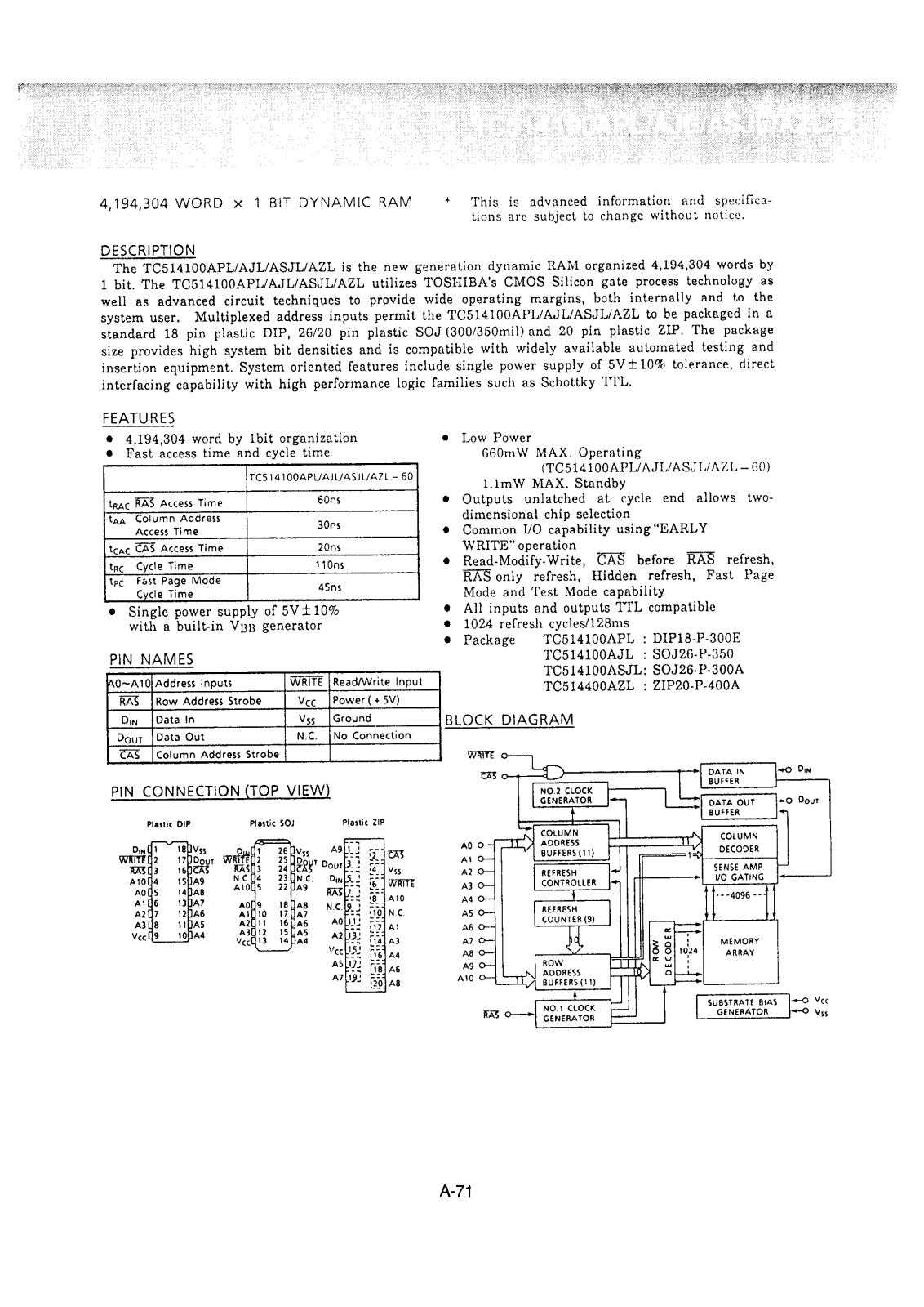 Toshiba TC514100ASJL-60 Datasheet