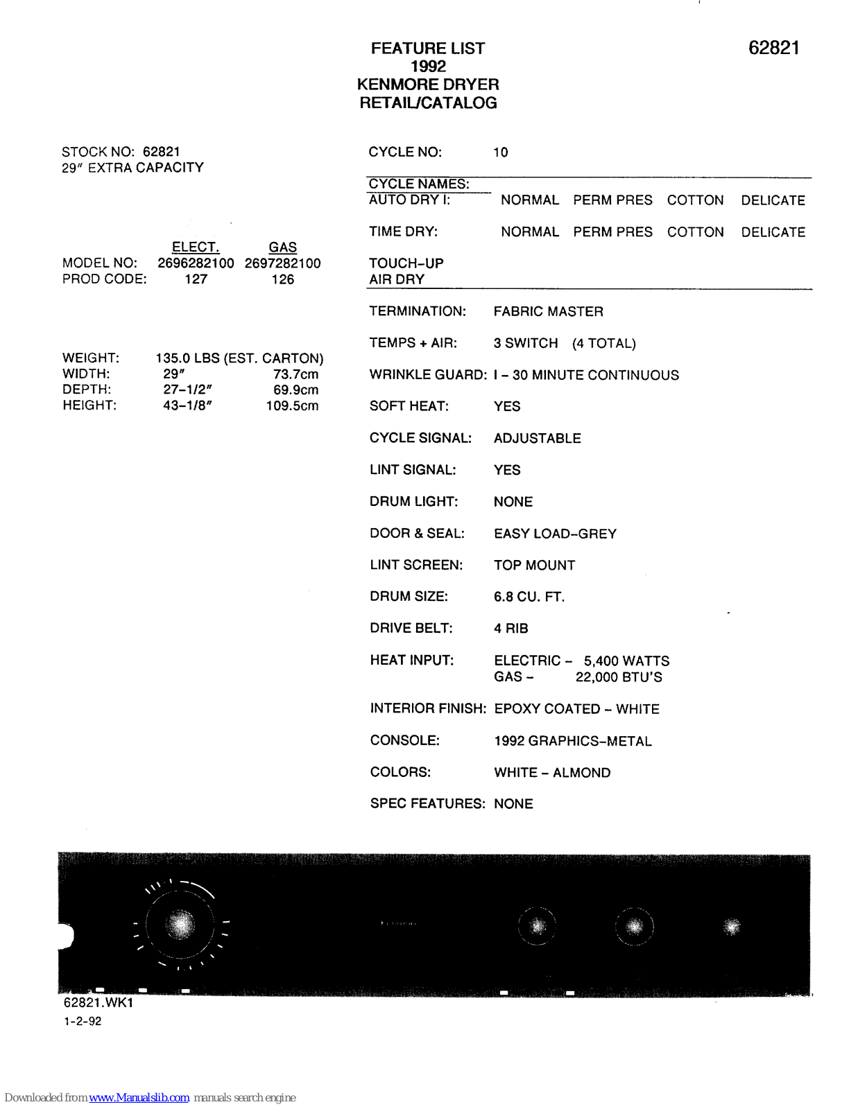 Kenmore 2696282100, 62821 Feature Manual - ManualMachine.com