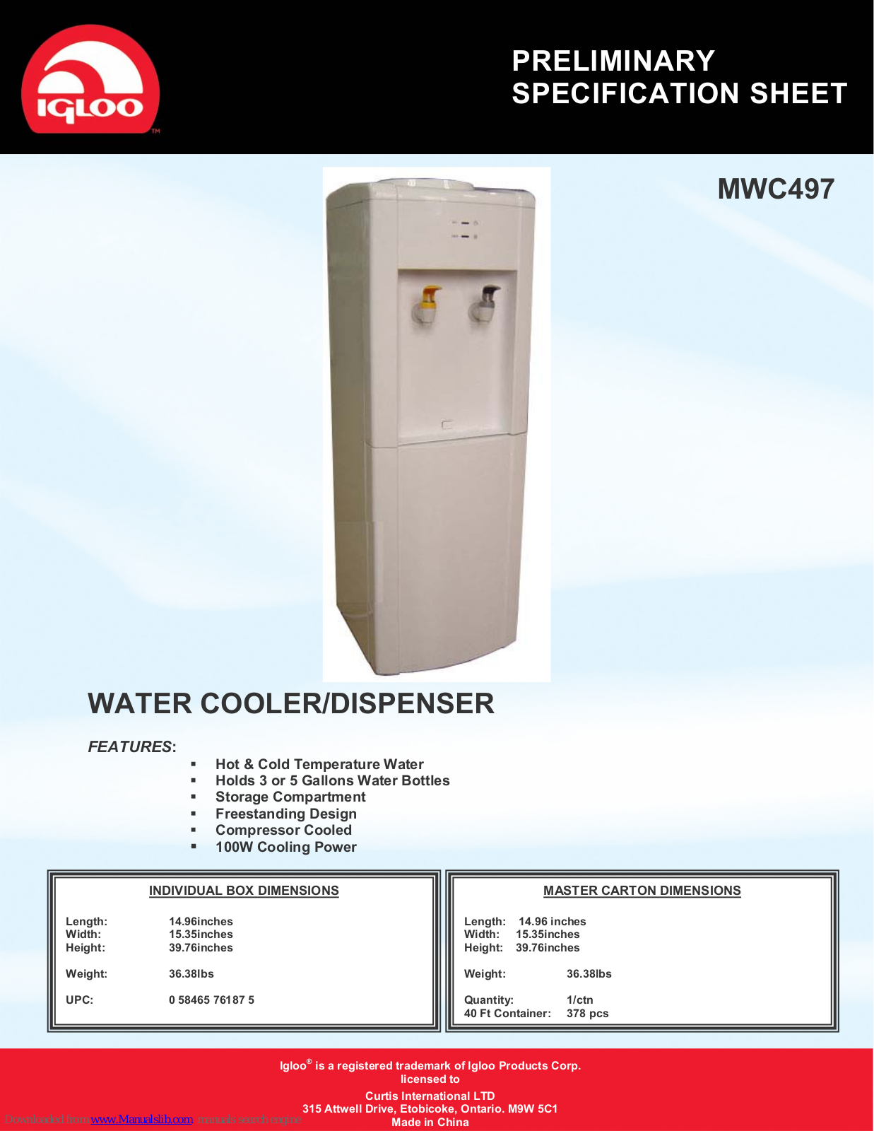 Igloo MWC497 Specification Sheet