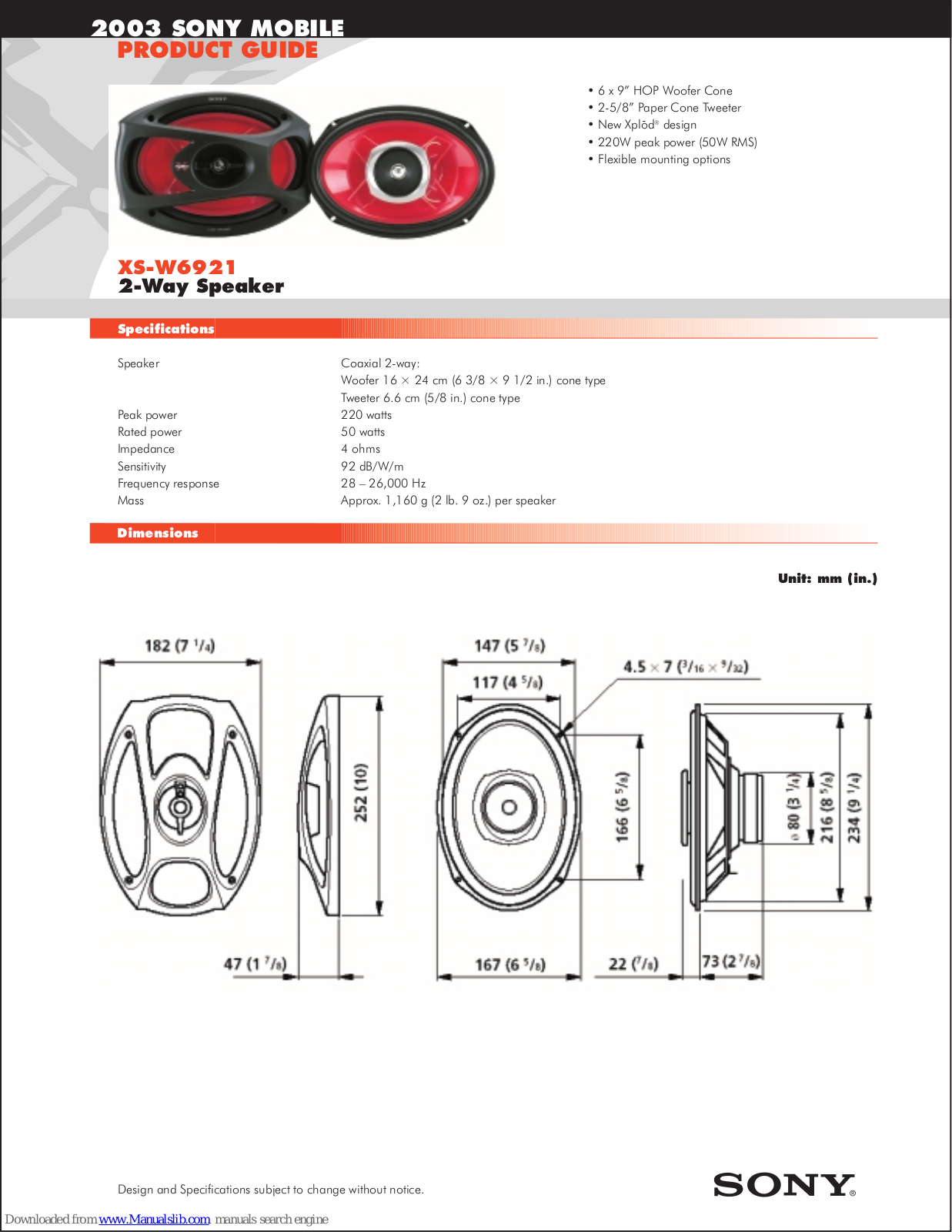 Sony 2-WAY SPEAKER XS-W6921 Product Manual