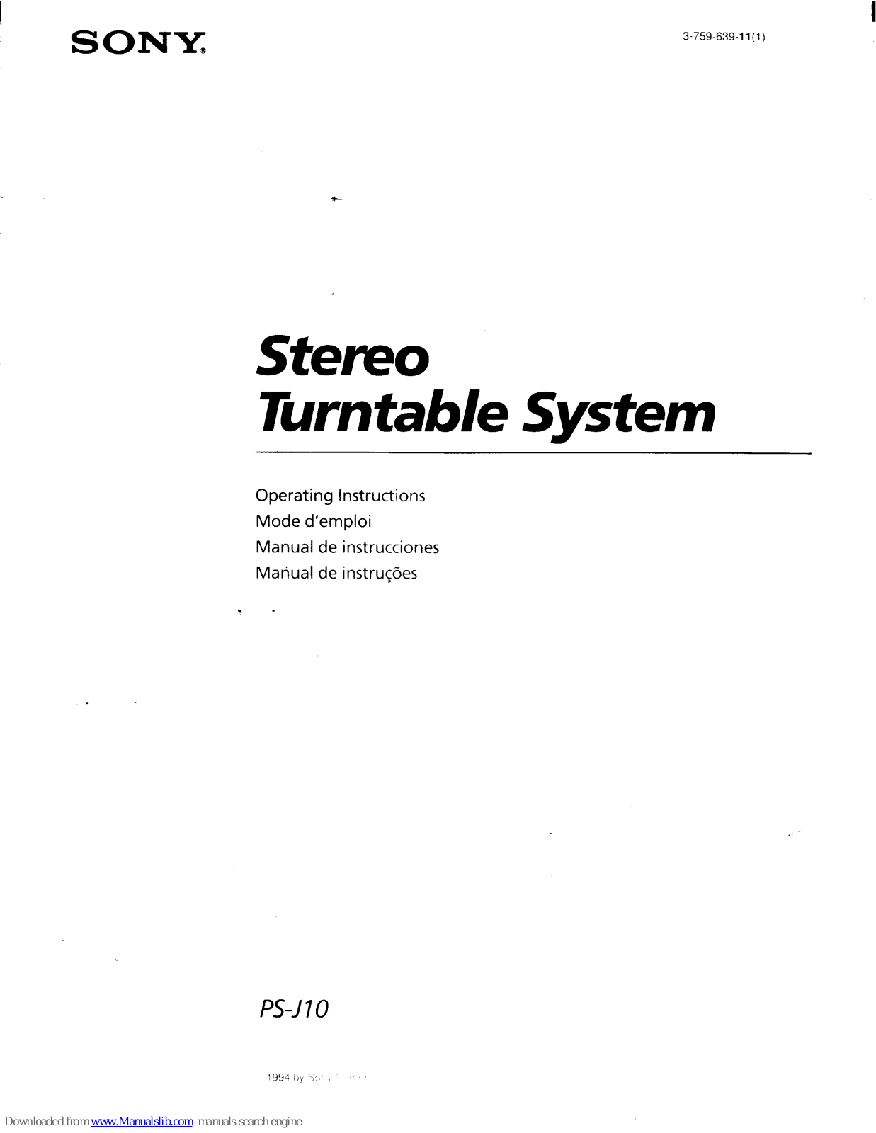 Sony PS-J10 Primary Operating Instructions Manual