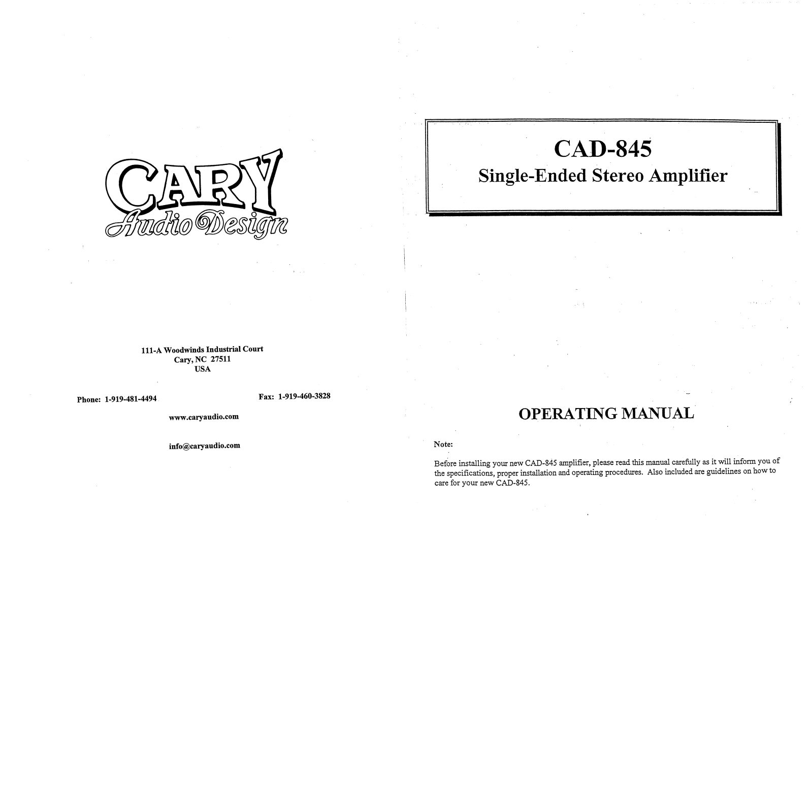 Cary Audio CAD 845 Owner's Manual