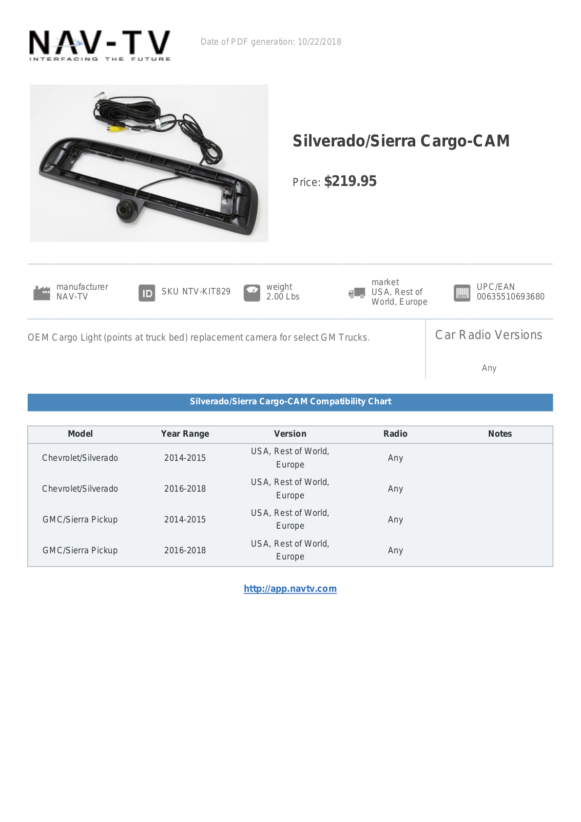 NAV-TV Silverado/Sierra Cargo-CAM Specification Sheet