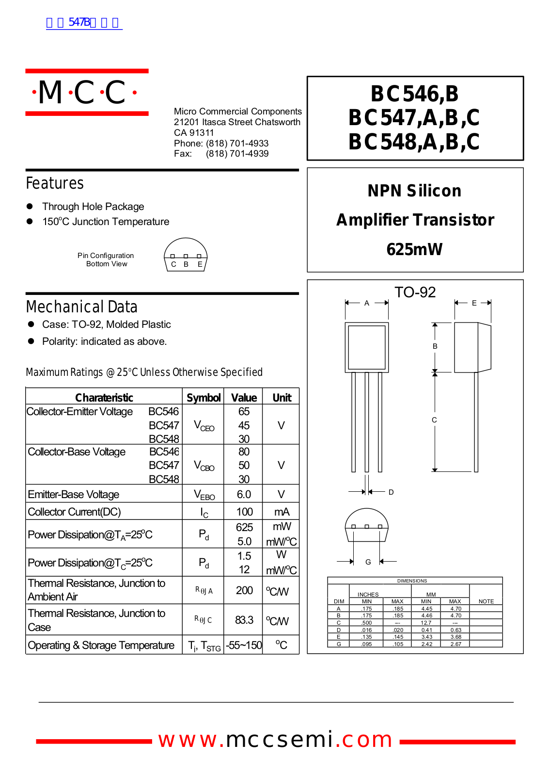 Micro Commercial Components BC546 Technical data