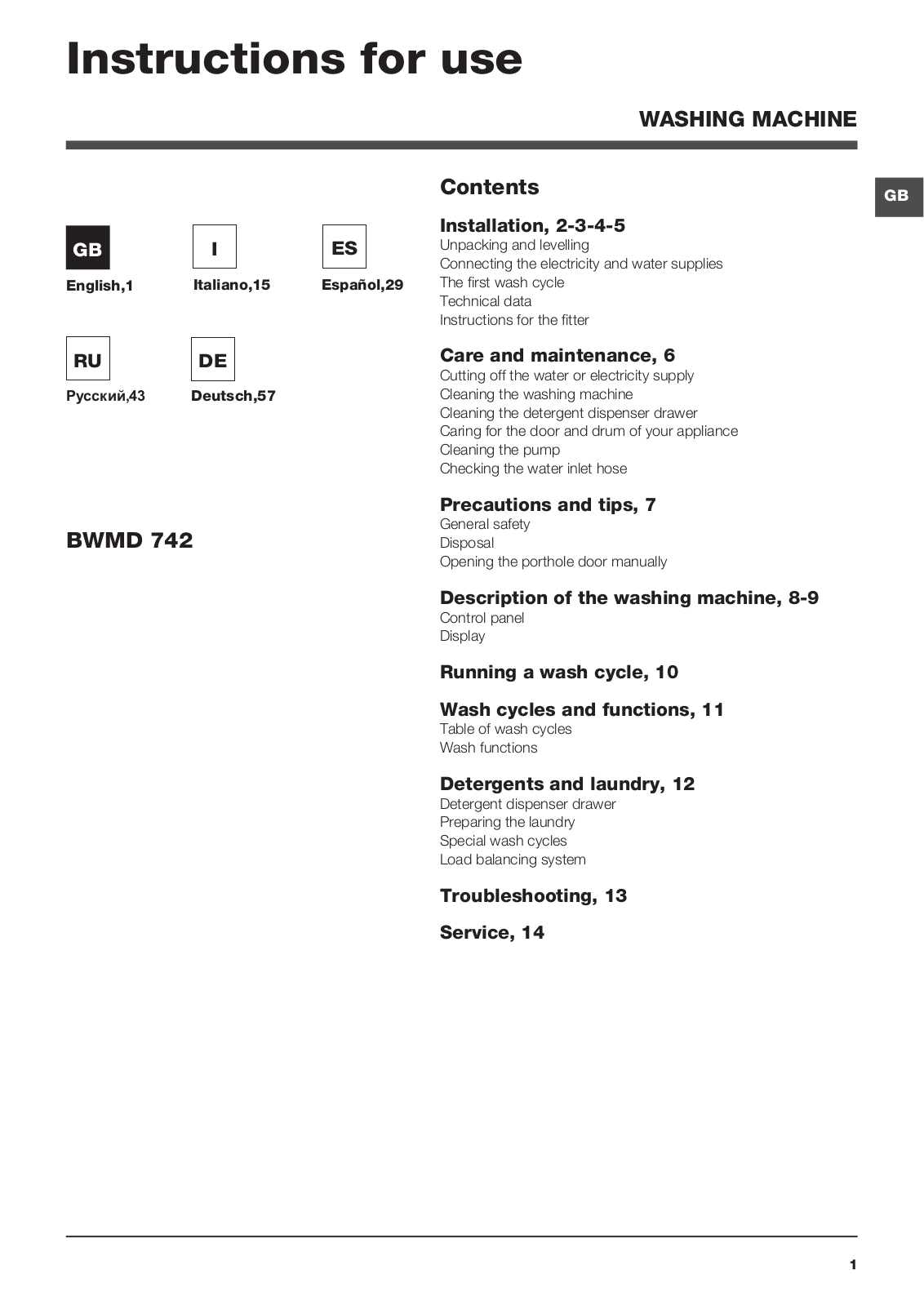 Hotpoint BWMD 742 Operating Instructions