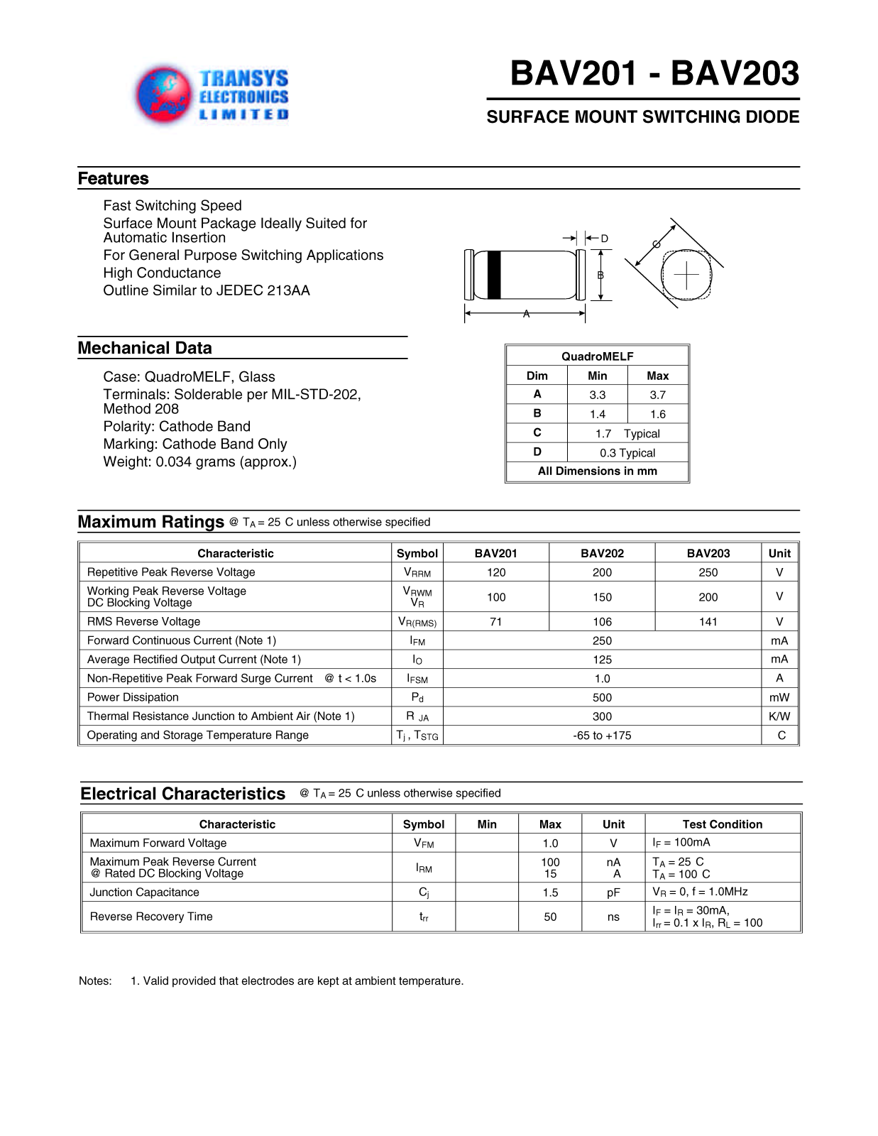 TEL BAV203, BAV203, BAV202, BAV202, BAV201 Datasheet