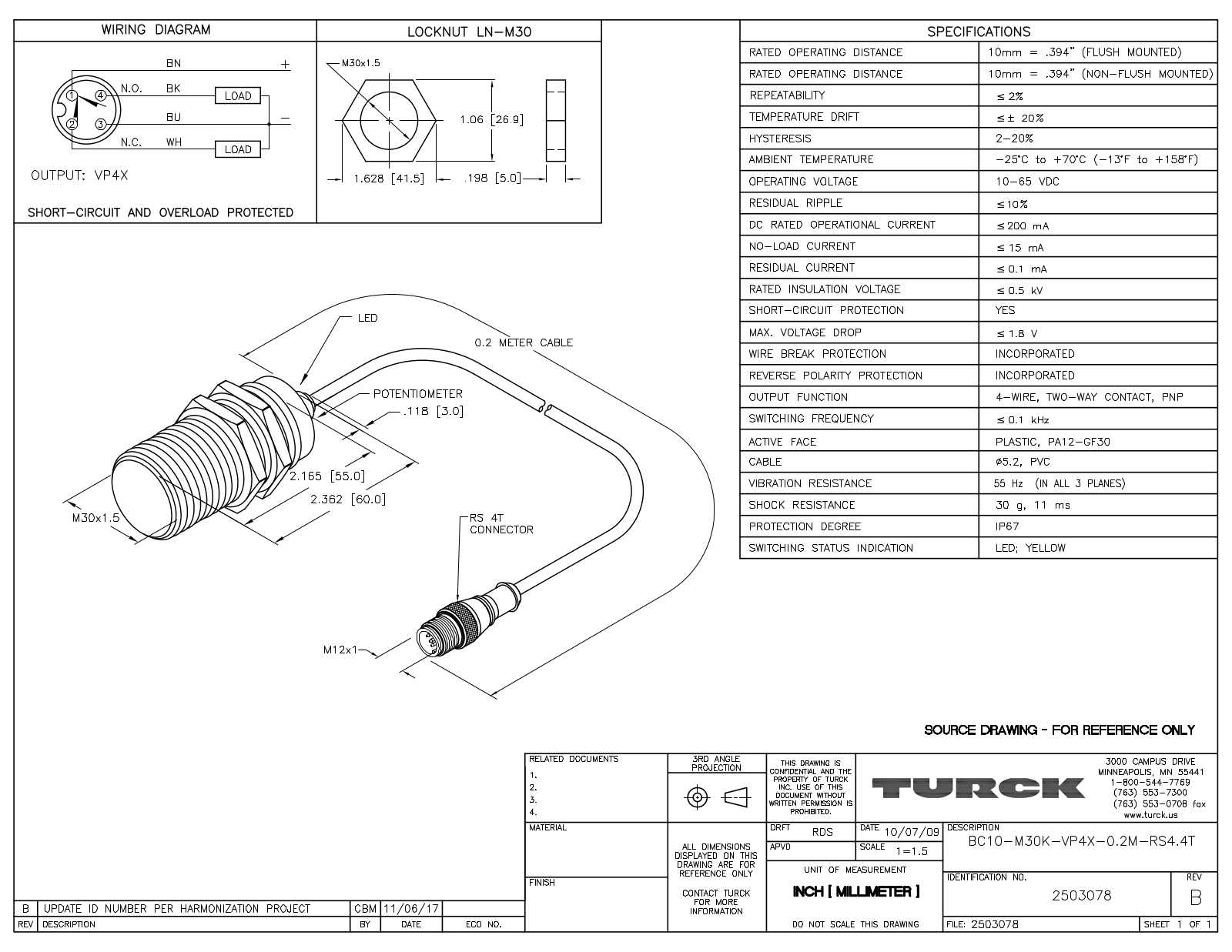 Turck BC10-M30K-VP4X-0.2-RS4.4T Data Sheet