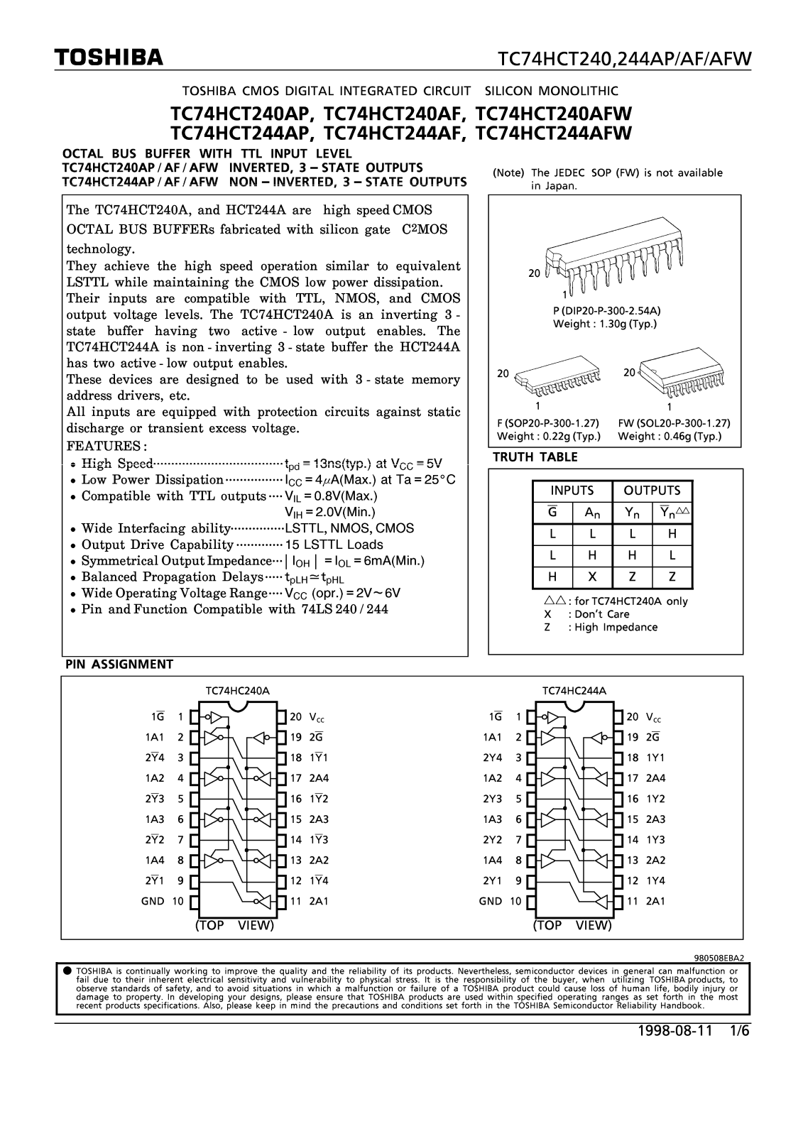 Toshiba TC74HCT244AP Datasheet