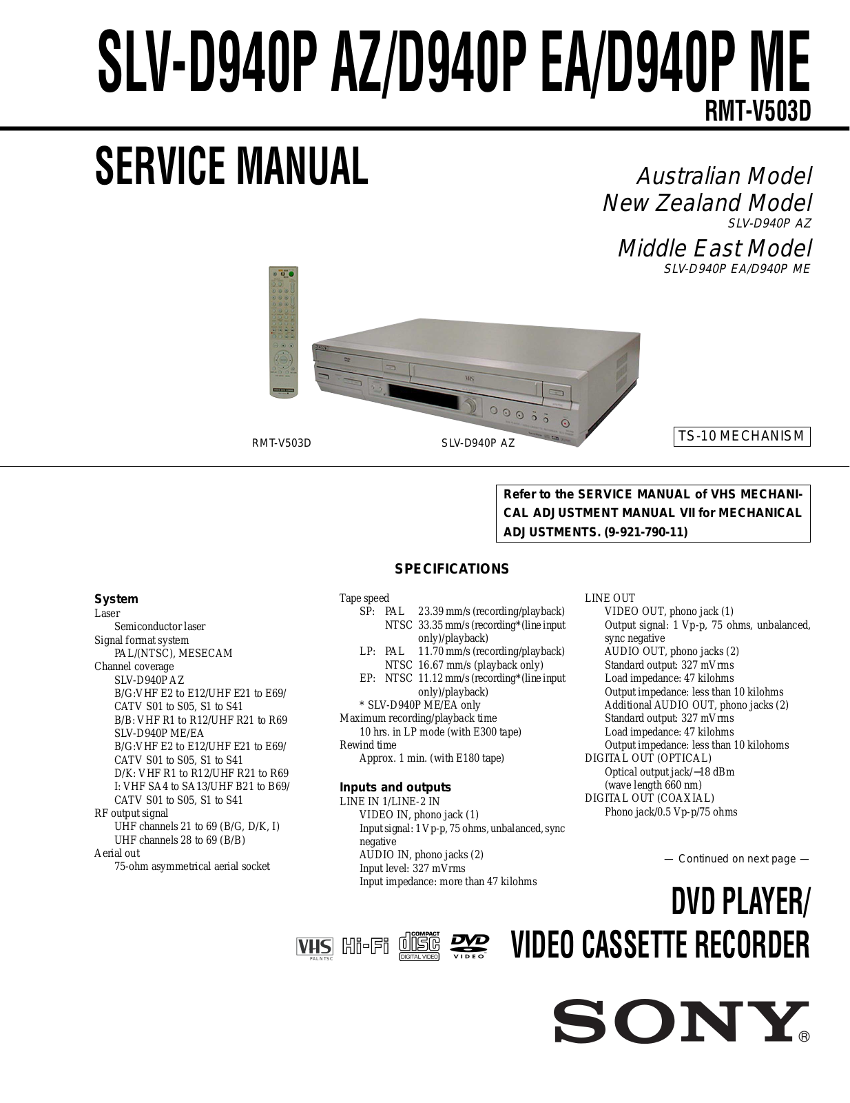 SONY SLV-D940P AZ, SLV-D940P EA, SLV-D940P ME Service Manual