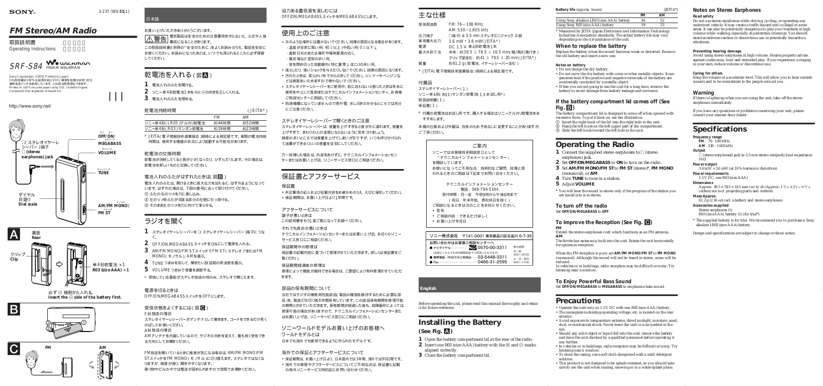 SONY SRF-S84 User Manual