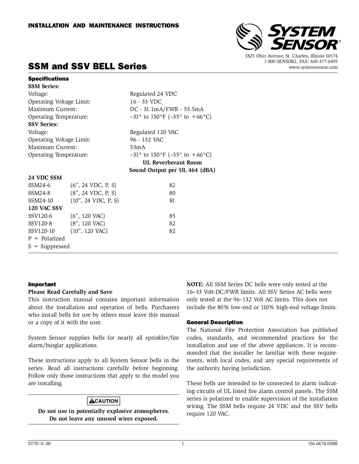 System Sensor SSM24-6, SSM24-8, SSM24-10, SSV120-8, SSV120-10 Installation And Maintenance Instruction