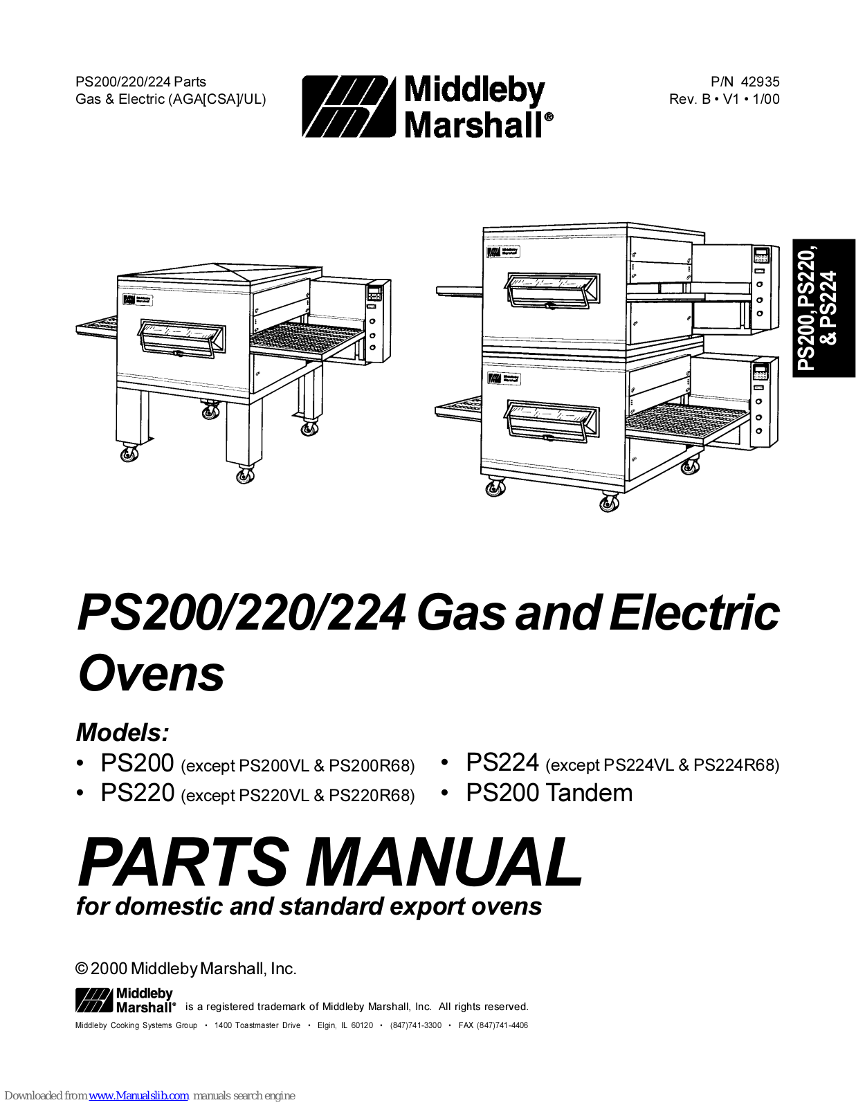 Middleby Marshall PS200 Tandem, PS200, PS220, PS224 Parts Manual