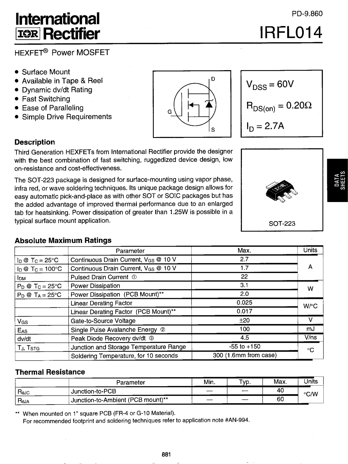 International Rectifier IRFL014 Datasheet