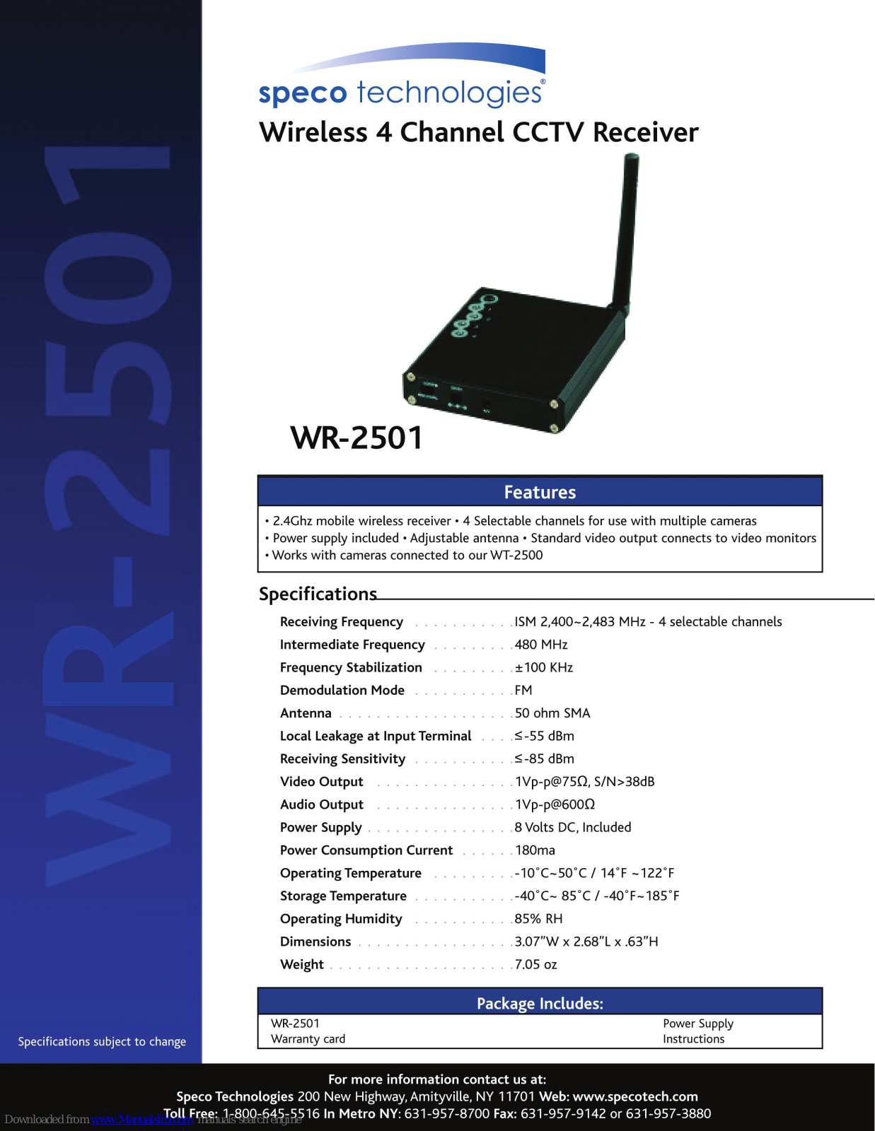 Speco WR-2501 Specifications