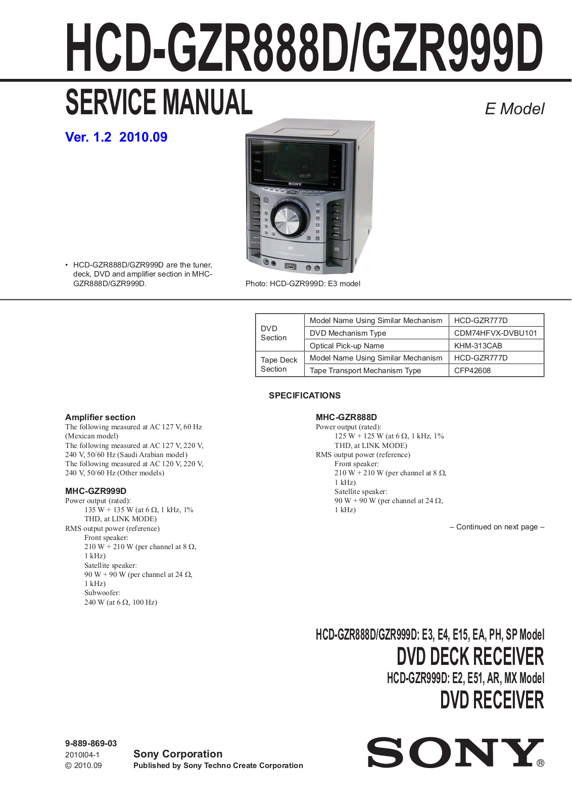 Sony HCD-GZR888D, HCD-GZR999D Schematic