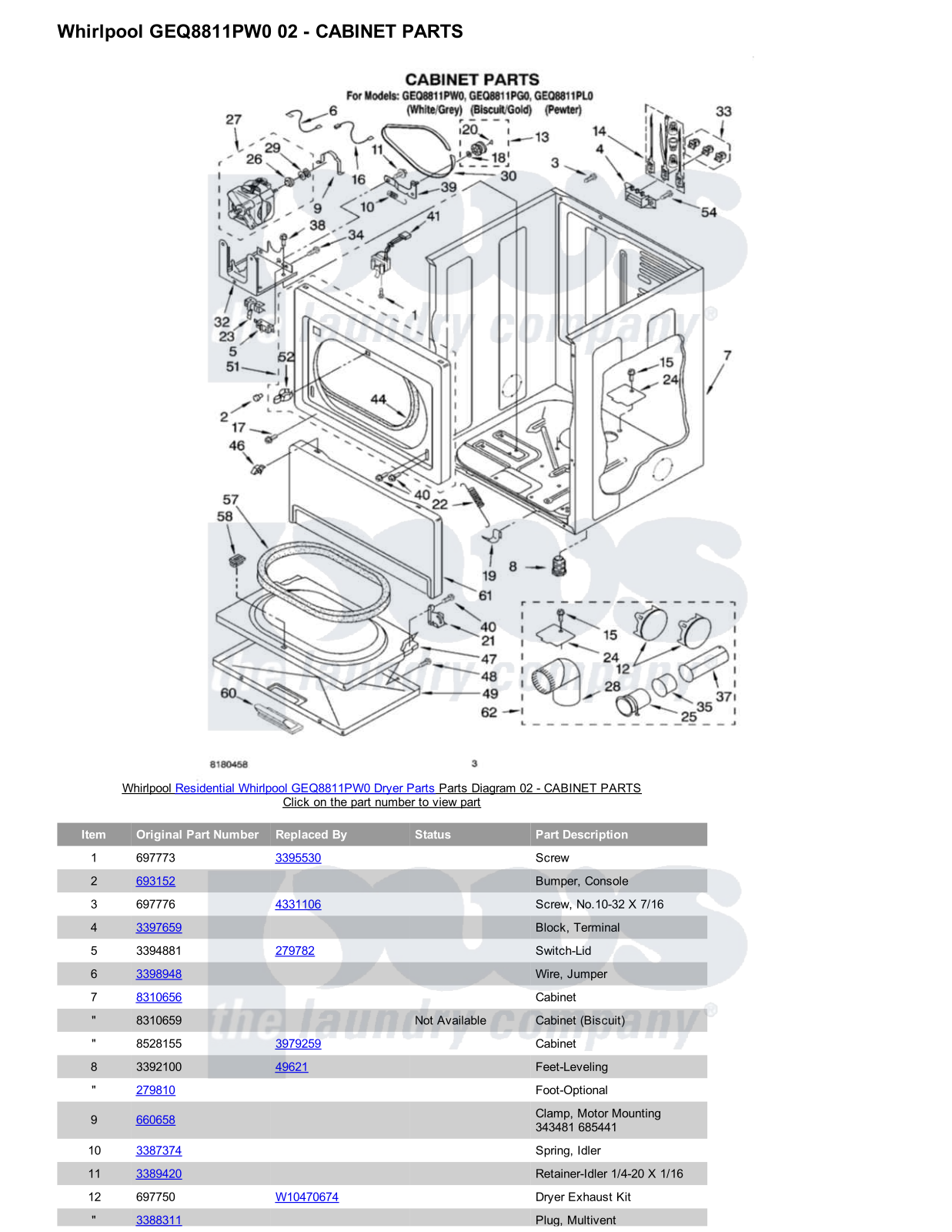 Whirlpool GEQ8811PW0 Parts Diagram