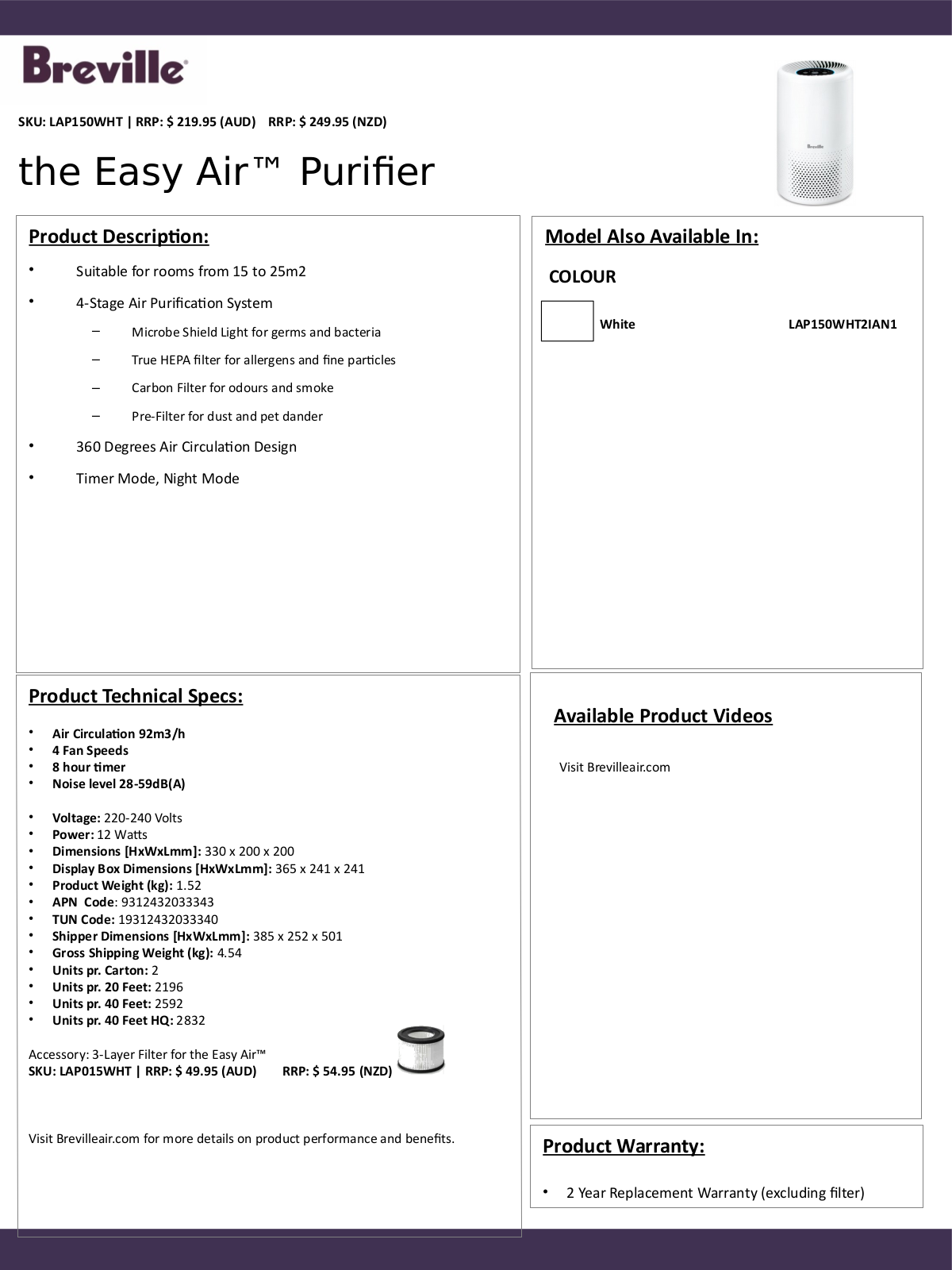 Breville LAP150WHT Specifications Sheet