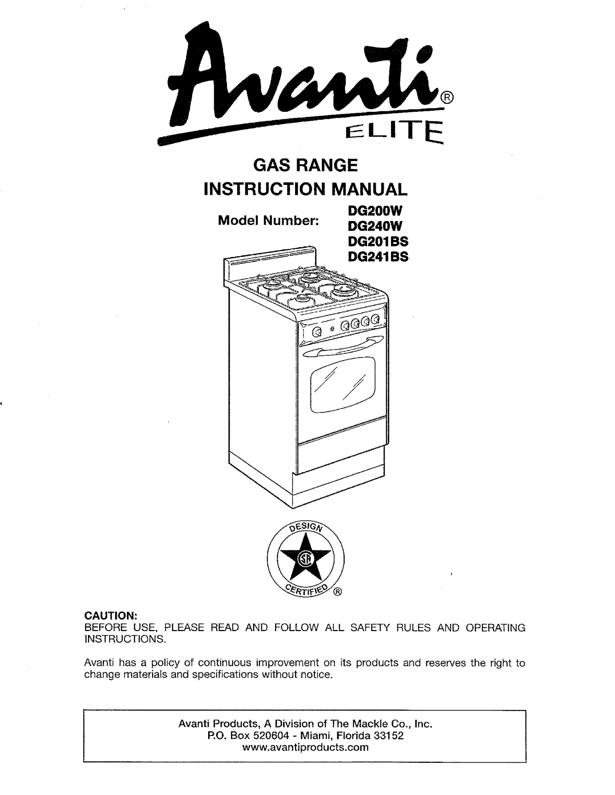 Avanti DG240W User Manual