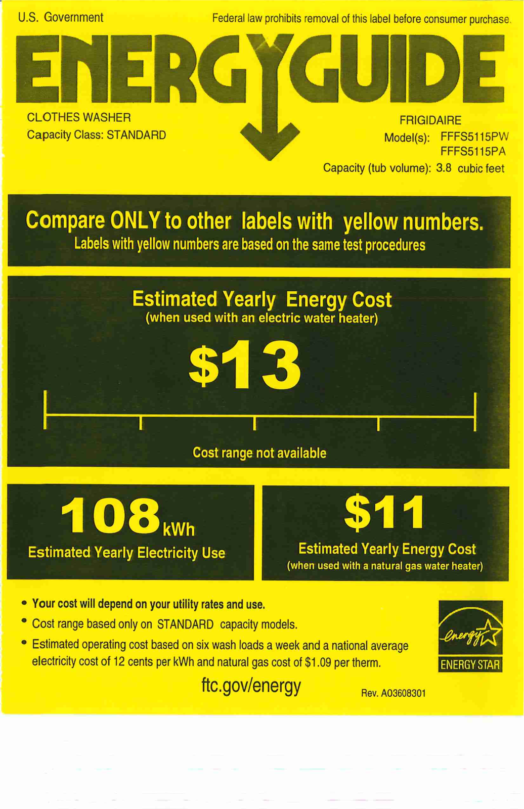 Frigidaire FFFS5115PA, FFFS5115PW Energy Guide