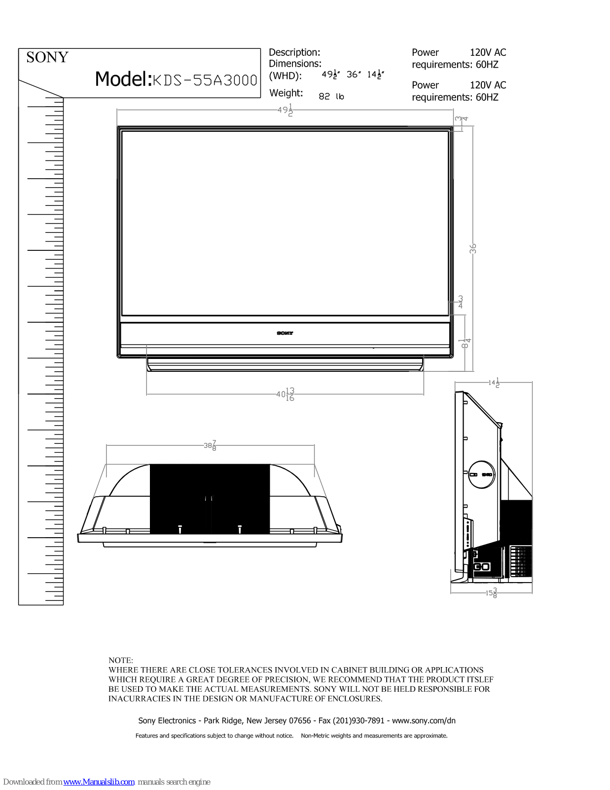 Sony BRAVIA KDS-55A3000 Dimensions