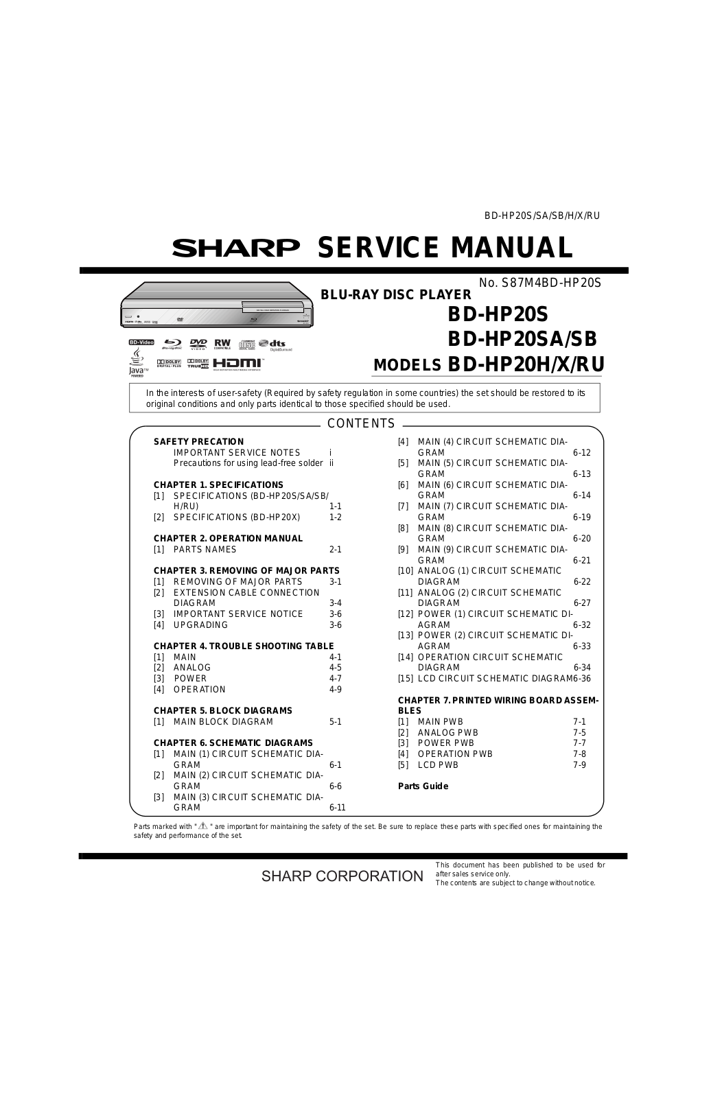 Sharp BDHP-20-H, BDHP-20-S, BDHP-20-RU, BDHP-20-SA, BDHP-20-SB Service manual