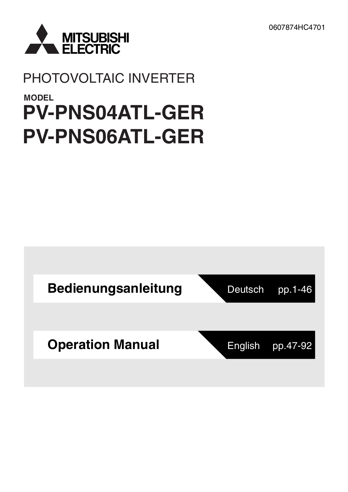 Mitsubishi Electric PV-PNS04ATL-GER, PV-PNS06ATL-GER Operation Manual