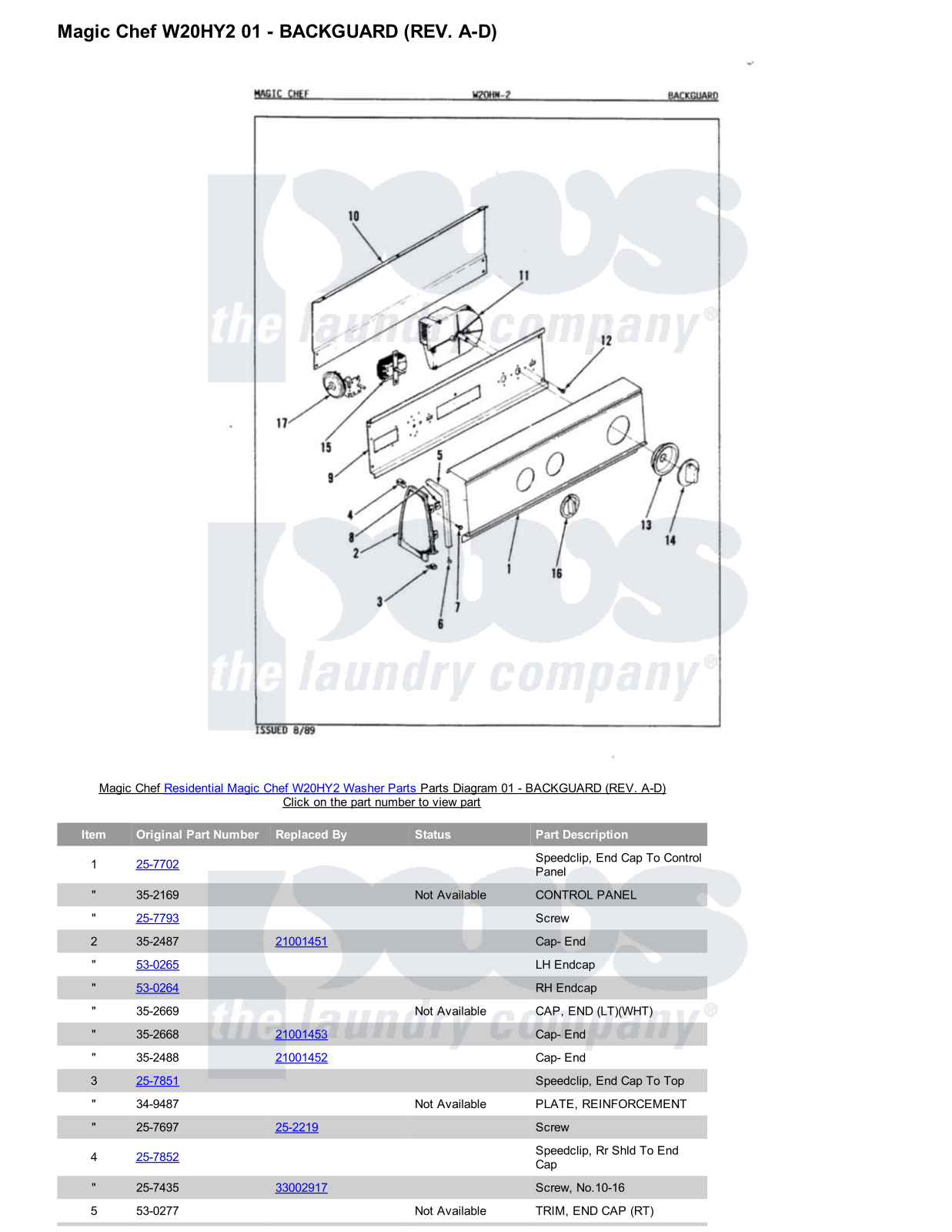 Magic Chef W20HY2 Parts Diagram