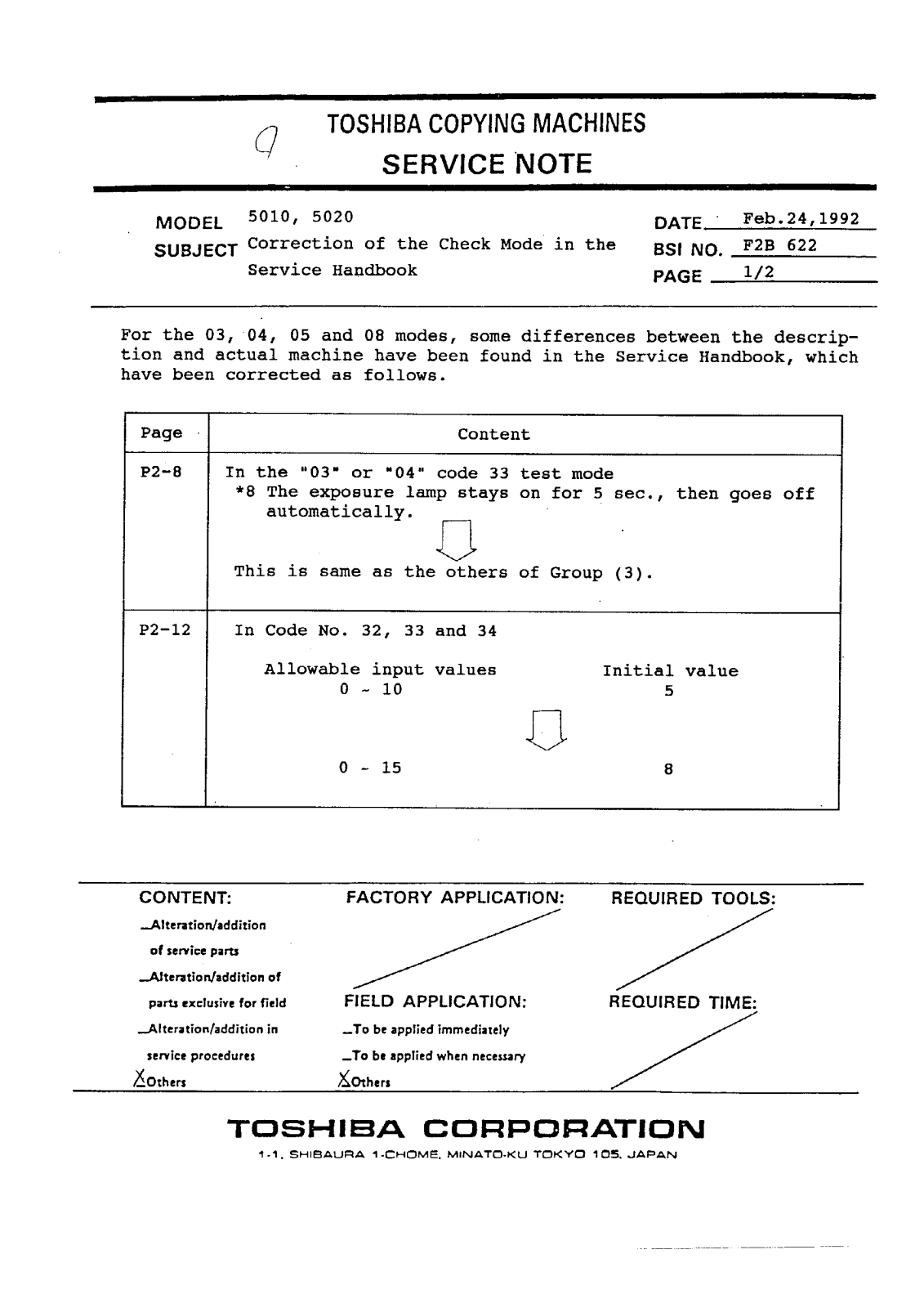 Toshiba f2b622 Service Note