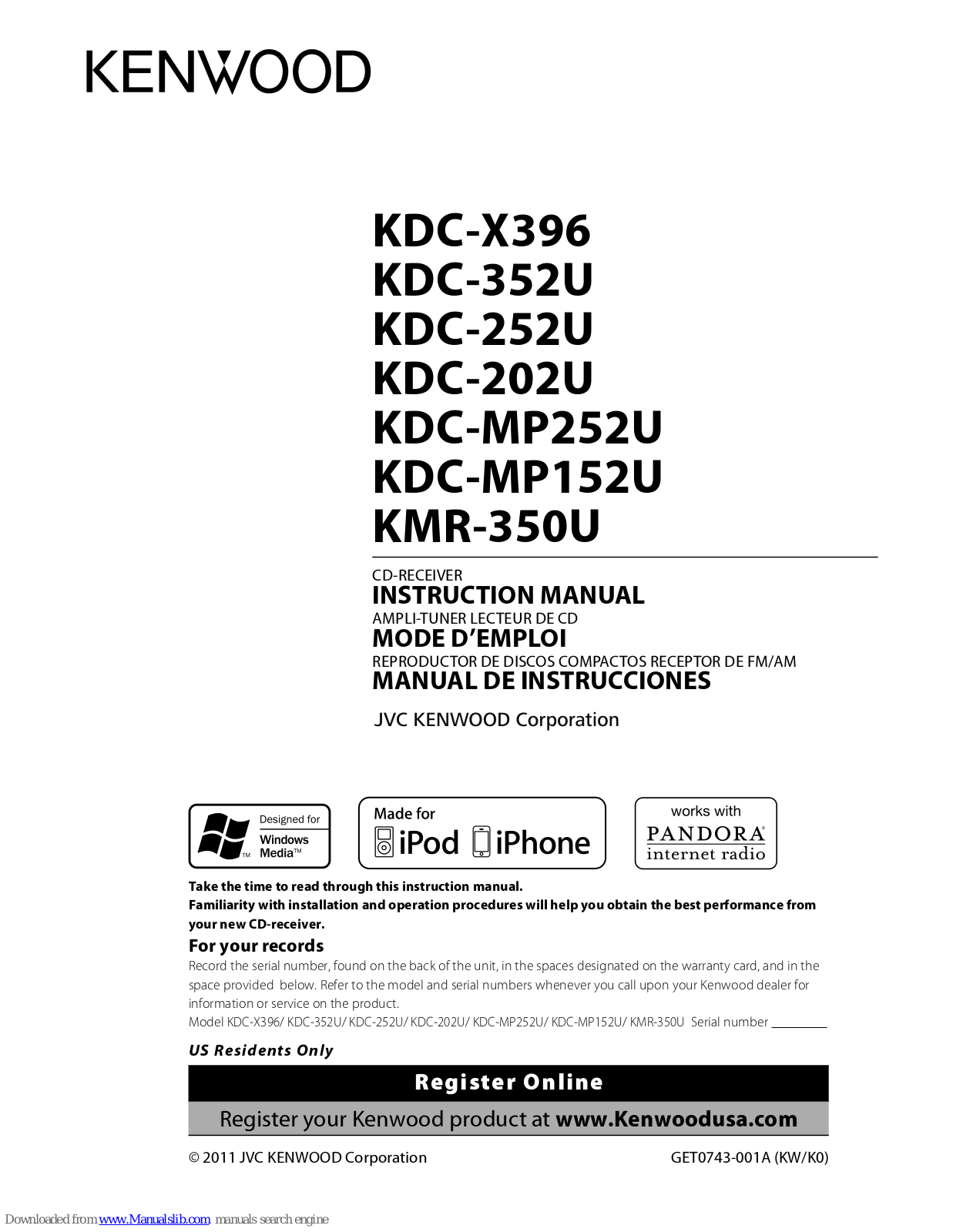 Kenwood KDC-252U, KDC-X396, KDC-352U, KDC-202U, KDC-MP252U Instruction Manual