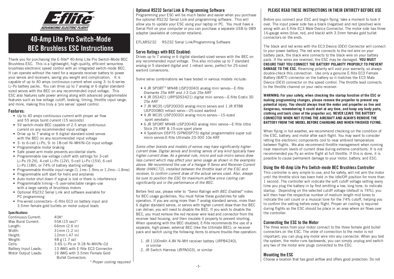 E-flite 40-Amp Lite Pro Switch-Mode BEC Brushless ESC User Manual