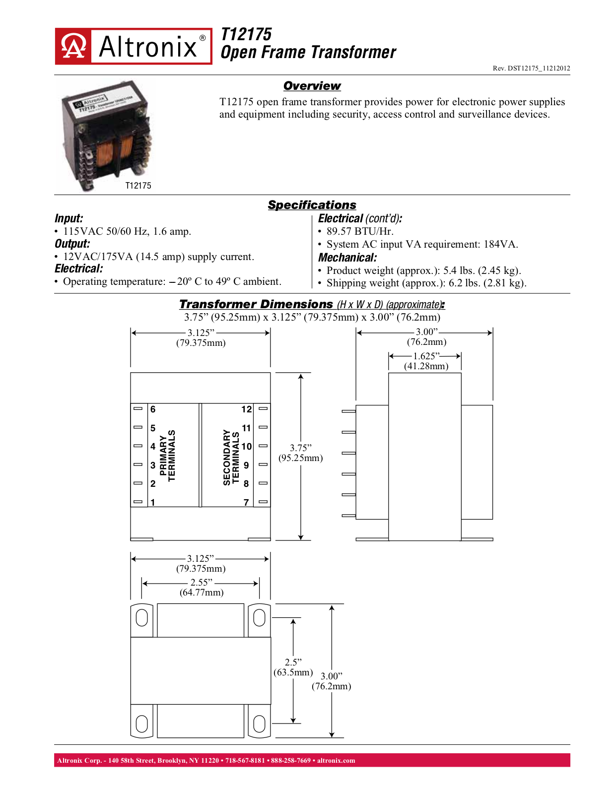 Altronix T12175 Data Sheet