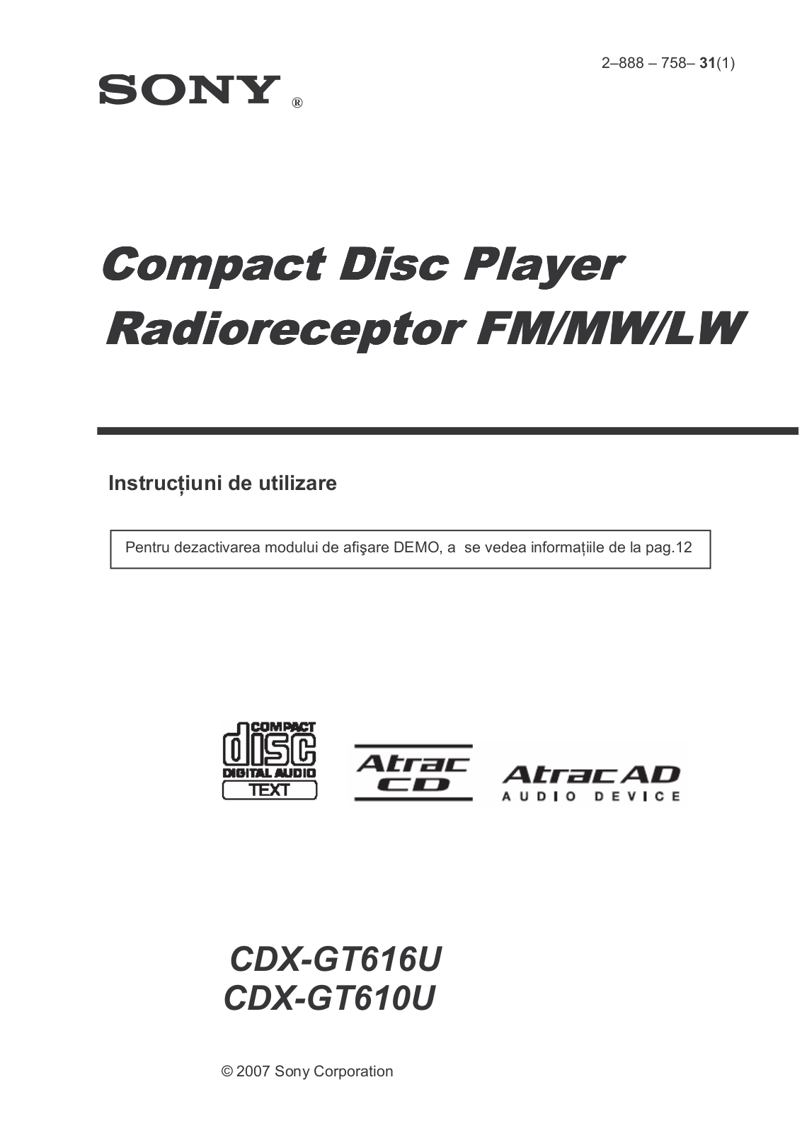 Sony CDX-GT616U, CDX-GT610U User Manual