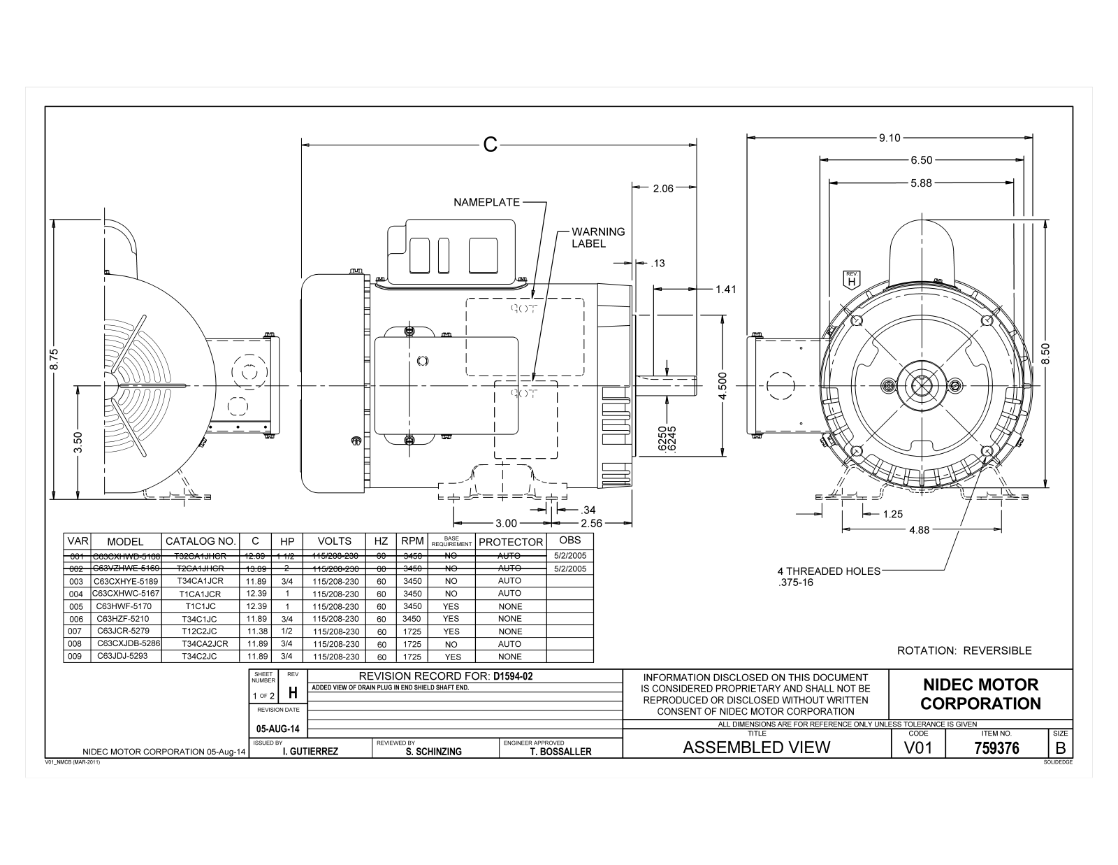 US Motors T34CA1JCR, T1CA1JCR, T1C1JC, T34C1JC, T12C2JC Dimensional Sheet