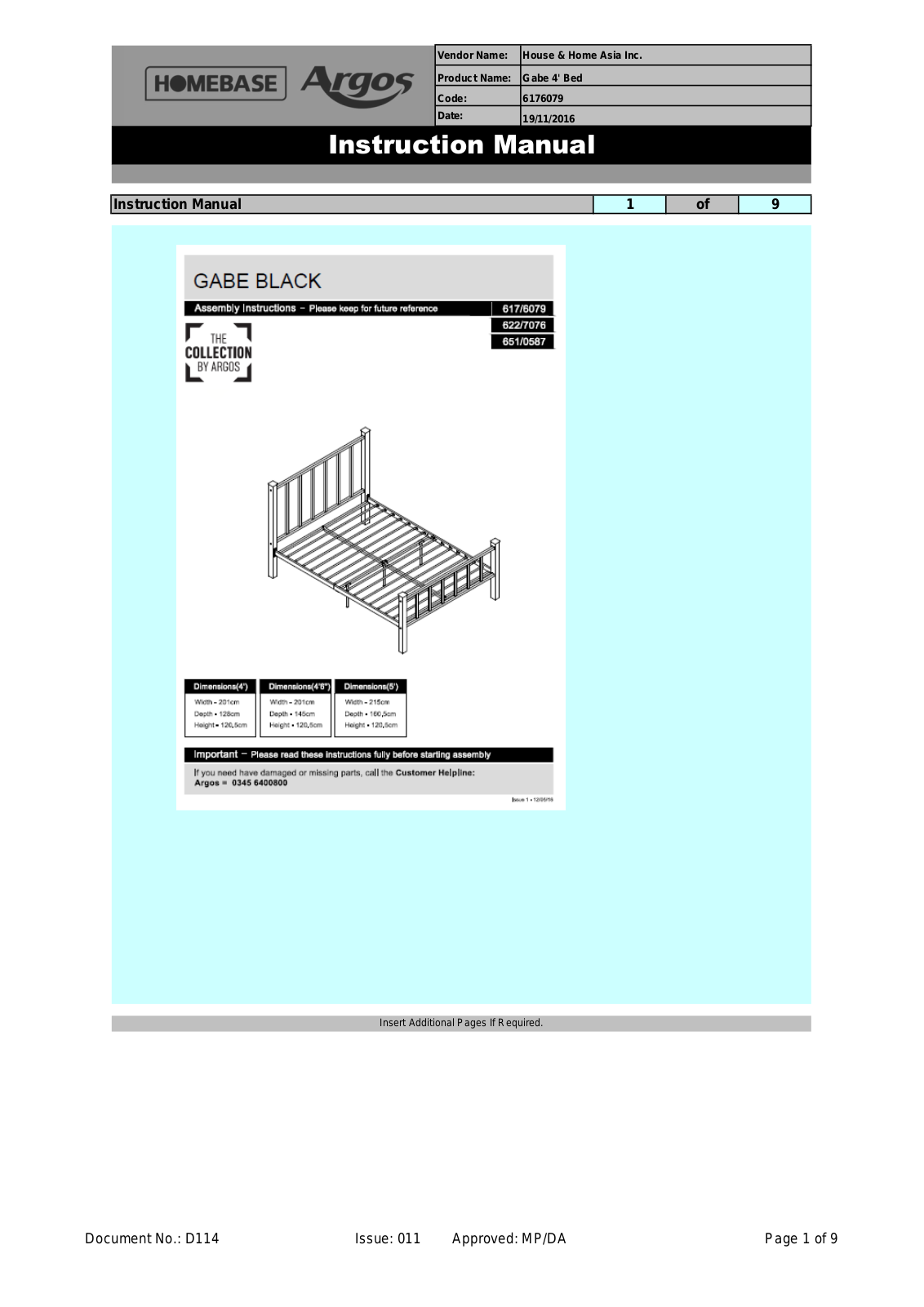 Argos 6176079, 6227076, 6510587 ASSEMBLY INSTRUCTIONS