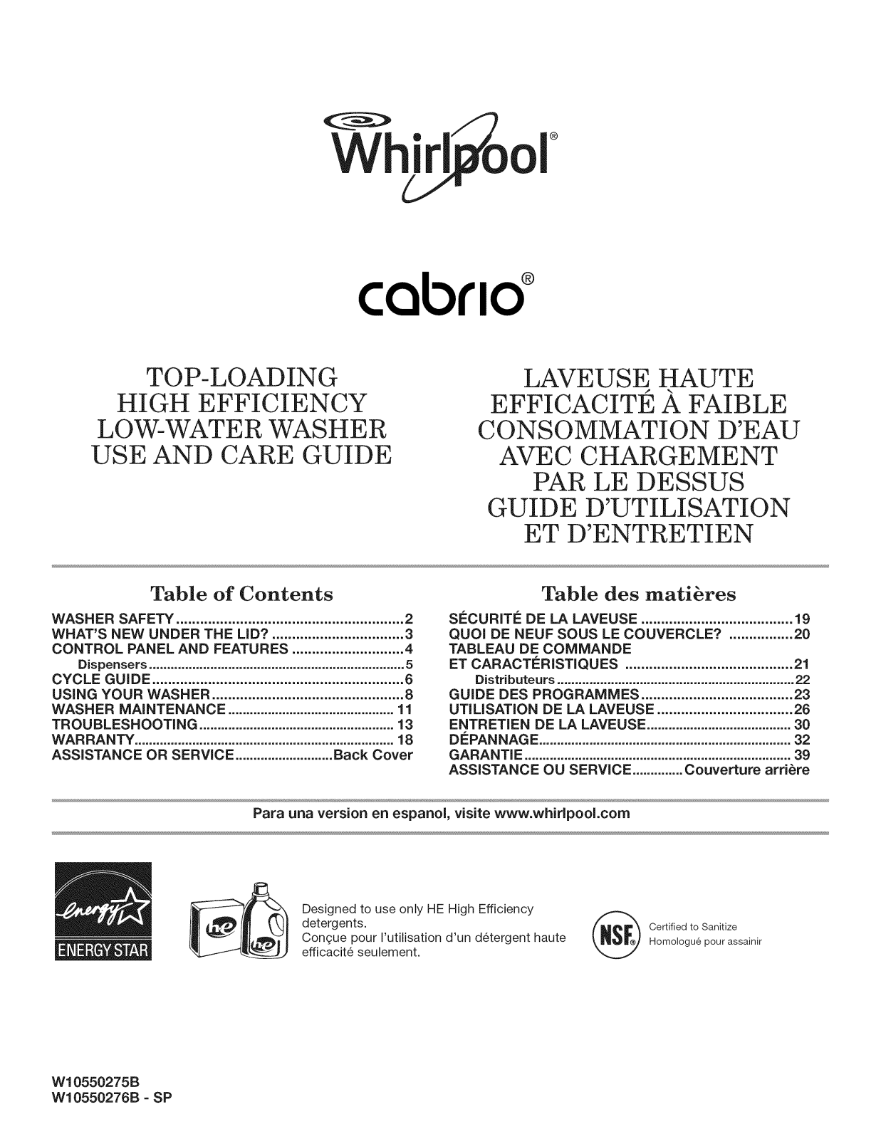 Whirlpool WTW8900BC0, WTW8900BW0 Owner’s Manual