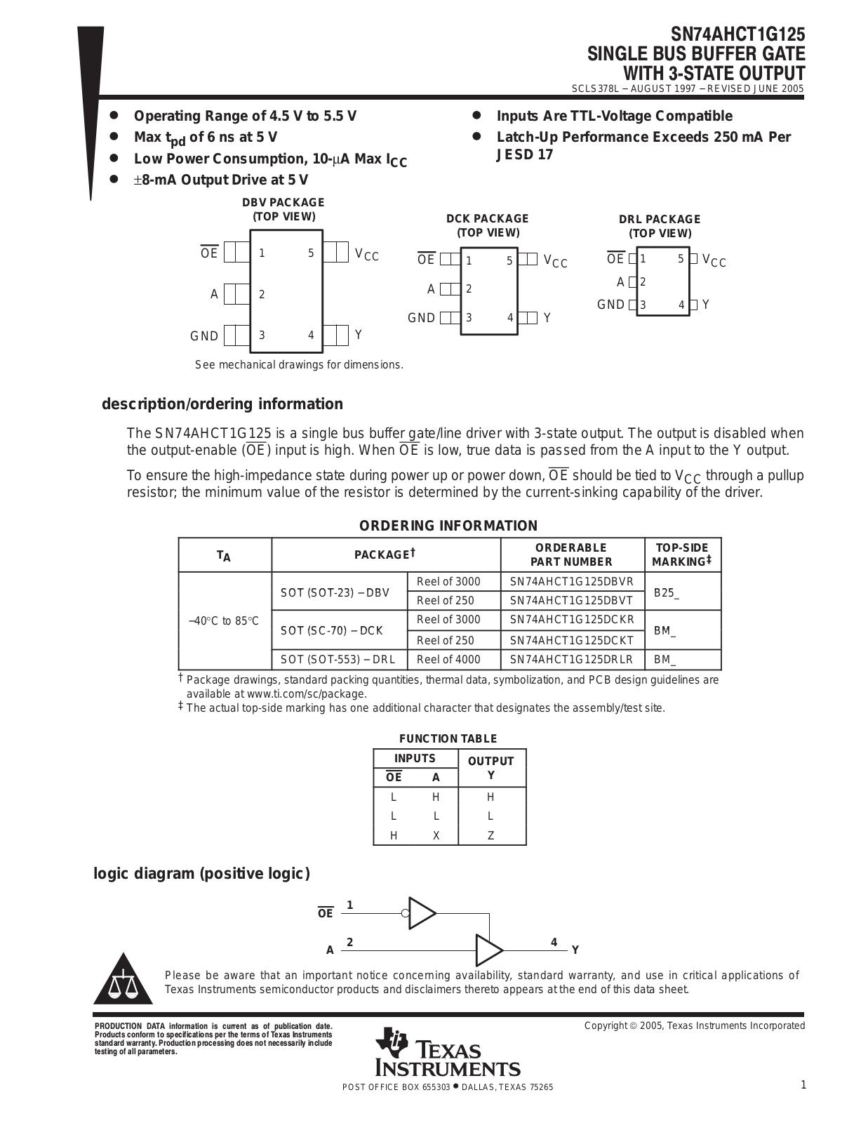 Texas Instruments 74AHCT1G125DBV, 74AHCT1G125DCK, 74AHCT1G125DRL, SN74AHCT1G125DBV, SN74AHCT1G125DCK Schematic