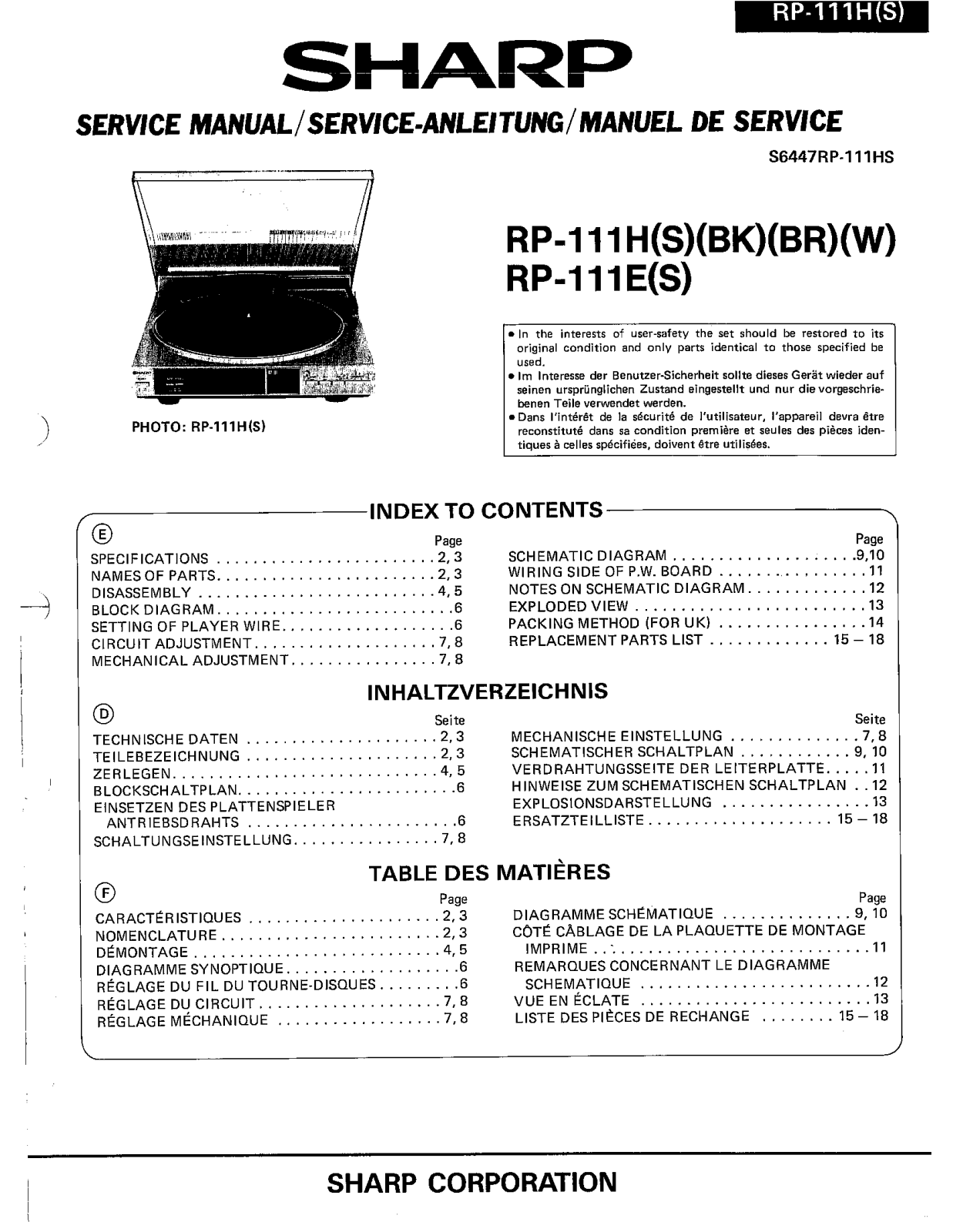 Sharp RP-111H Service Manual