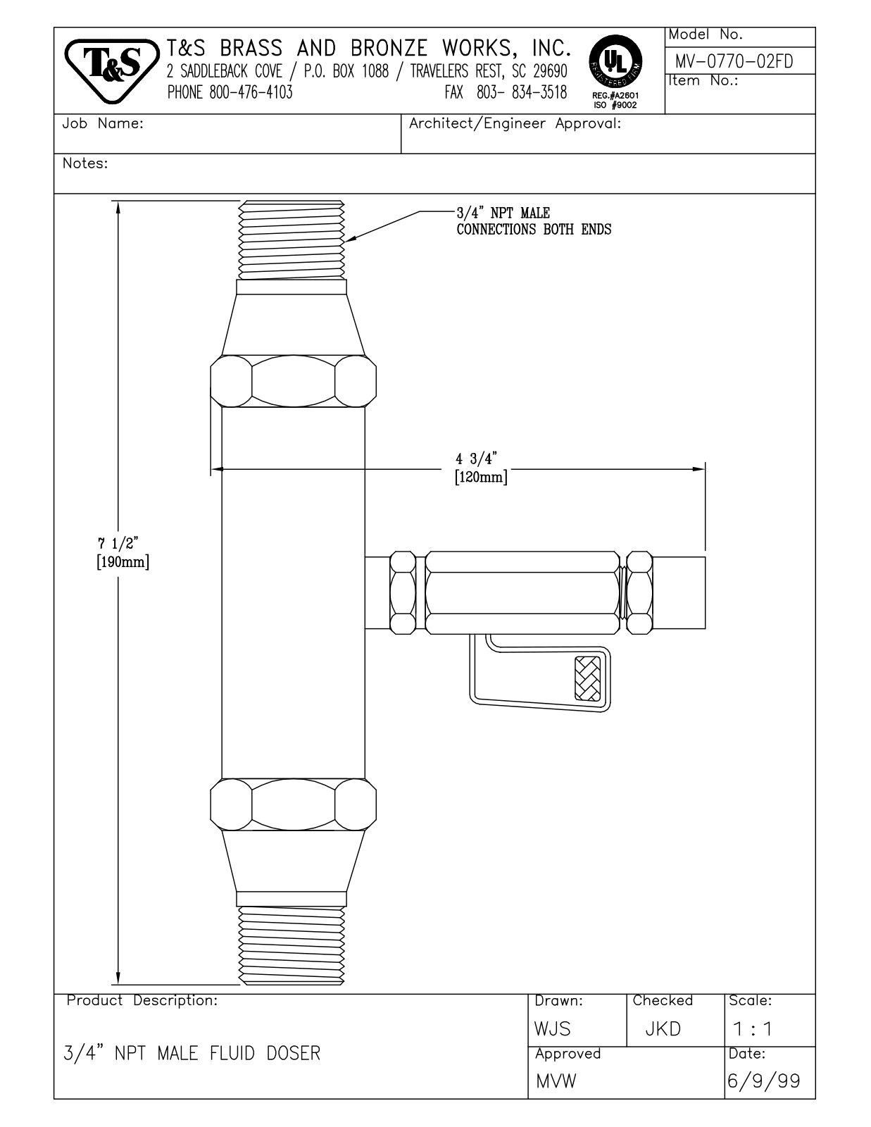 T&S Brass MV-0770-02FD User Manual