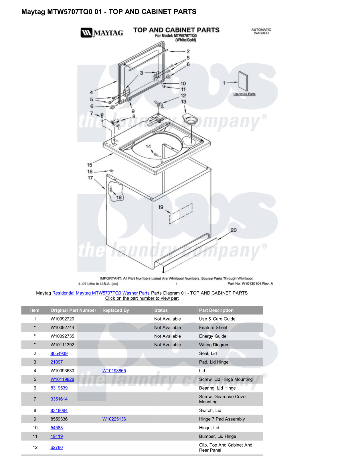 Maytag MTW5707TQ0 Parts Diagram